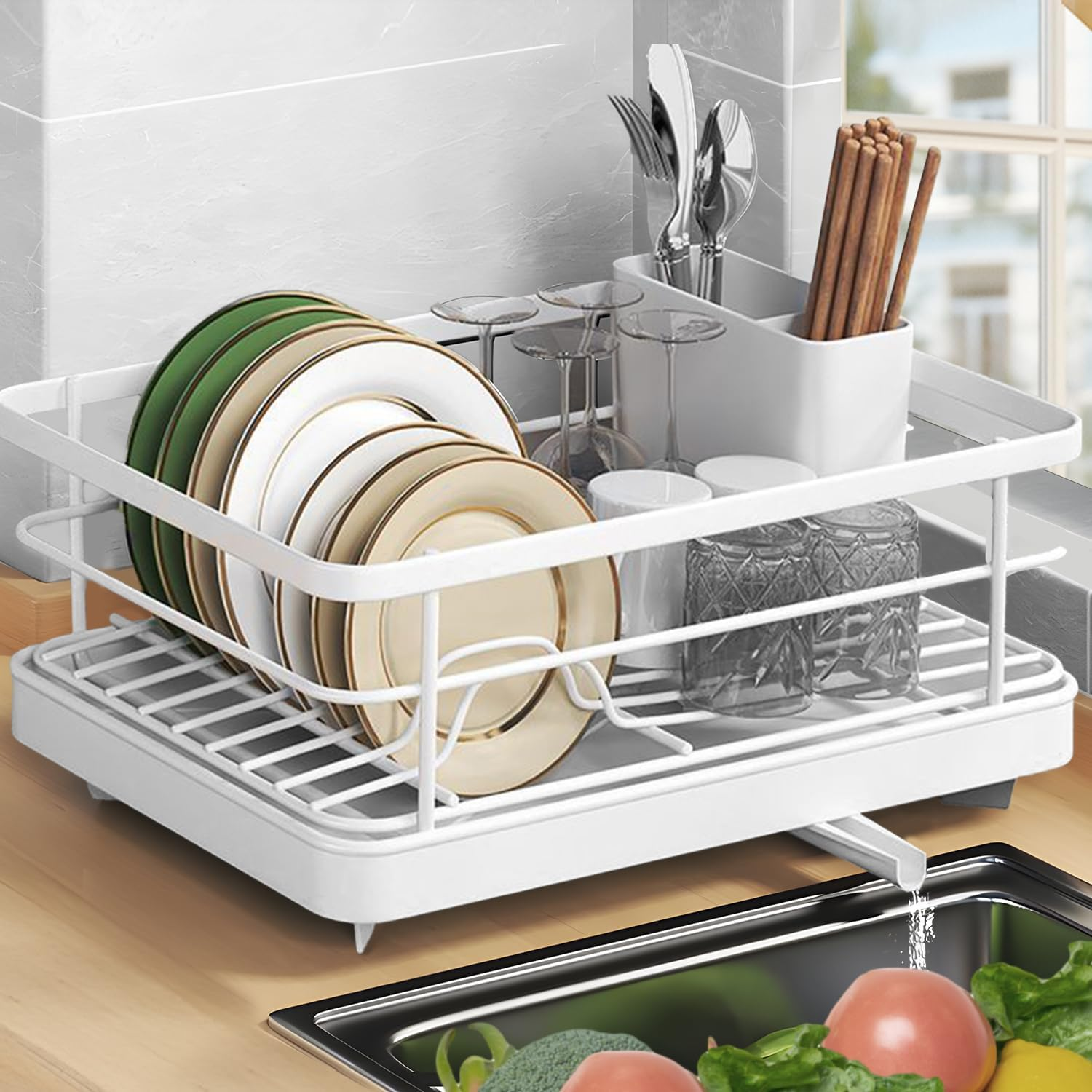 Stainless Steel Dish Drainer with Cutlery Holder & Drip Tray &ndash; Space-Saving Kitchen Counter Organiser, 40.5 X 30.5 X 13.0 Cm, No Assembly Needed, Rust-Resistant & Durable (White, Single Layer)