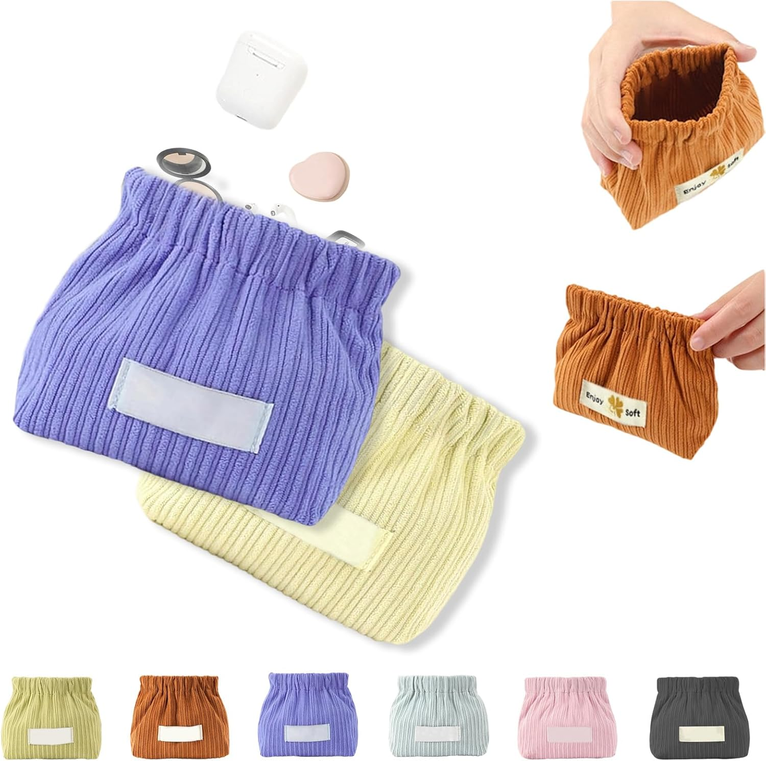 Corduroy Elastic Hair Tie Organizer, Portable Capacity Corduroy Elastic Storage Bag Closing Lipstick Bag, Cute Mini Makeup Pouch Bag Light and Easy to Carry (2A2)