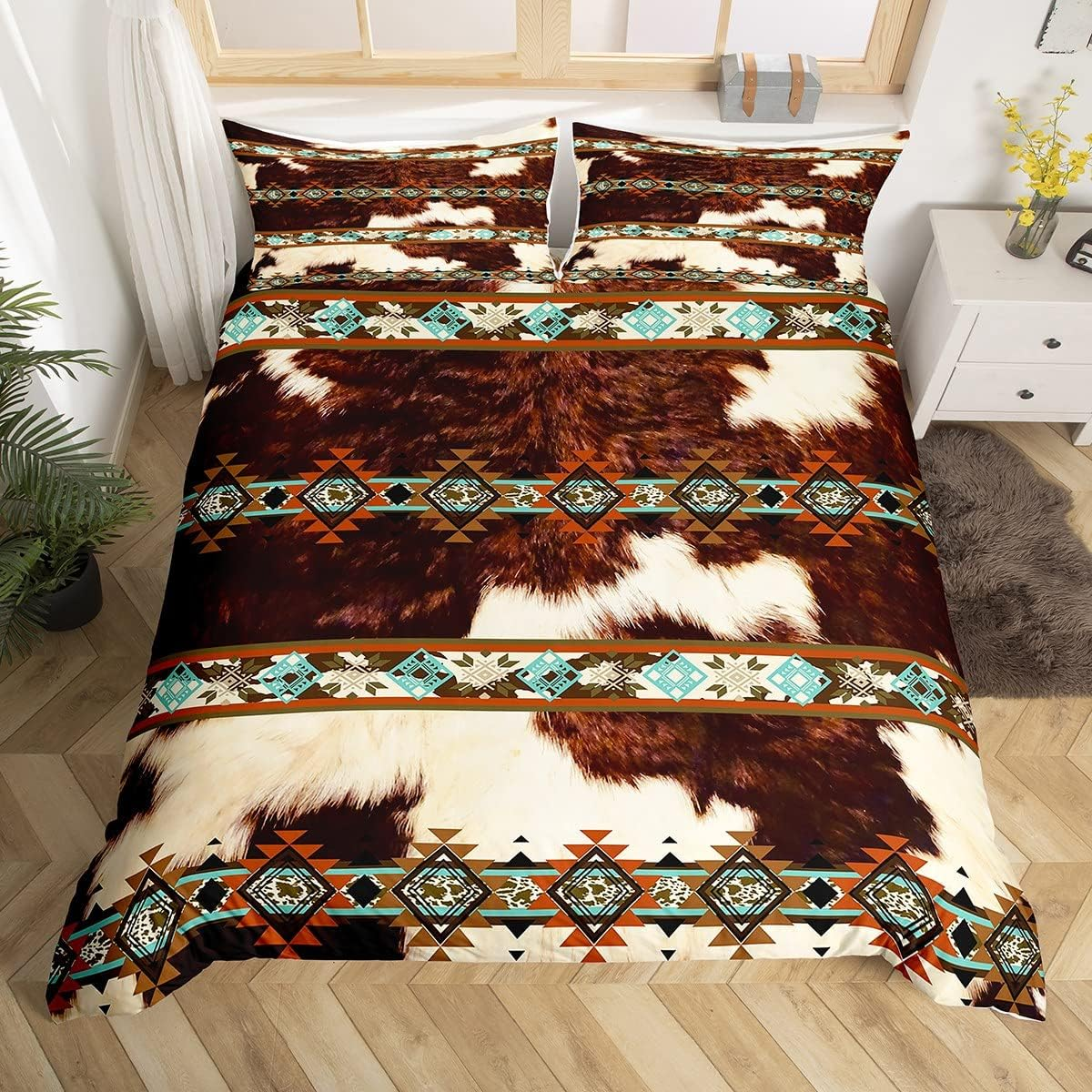 Erosebridal Western Boho Duvet Cover Full,Highland Cow Dream Catcher Comforter Cover Southwestern Bedding Set,Ethnic Tribal Arrow Aztec Bed Set Retro Vintage Exotic Bull Cattle Bohemian Decor