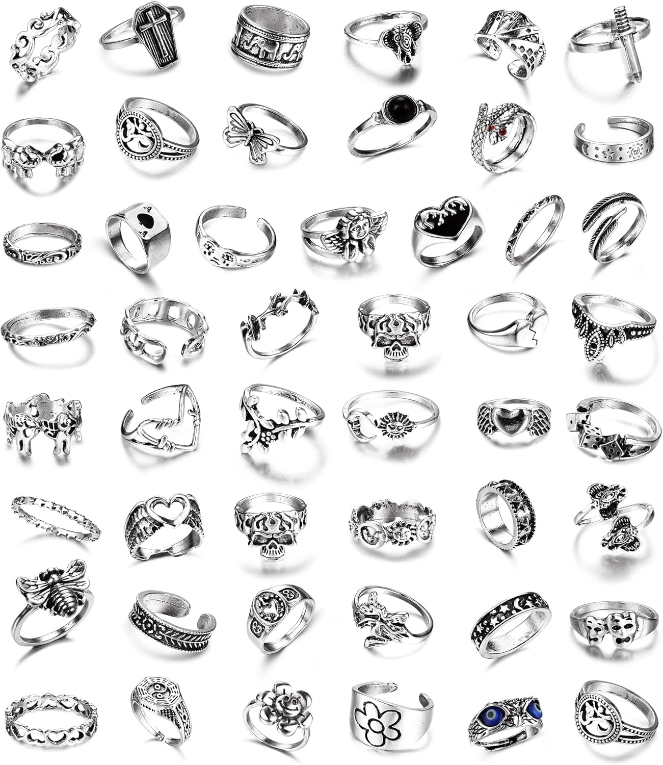 Sanfenly 49PCS Vintage Silver Punk Rings Knuckle Rings Set for Men Women Snake Cross Flower Chunky Rings Open Adjustable Goth Punk Hip Hop Cool Midi Stackable Rings Pack image number 2