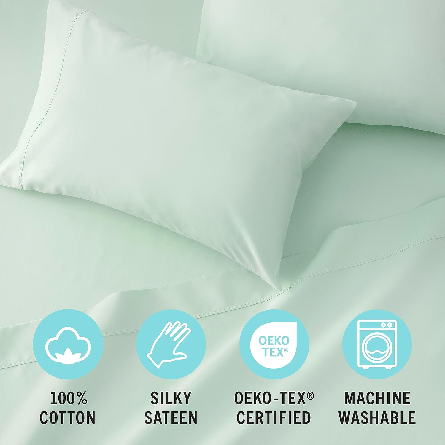 MARTHA STEWART 100% Cotton King Sheets Set - 4 Piece, Soft, Smooth, Durable, Easy Care, 16" Deep Pocket Sheet, Bedding Sheet, Sateen Sheet, 1 Flat, 1 Fitted, 2 Pillowcases, Dorm Essential, Mint Green image number 4