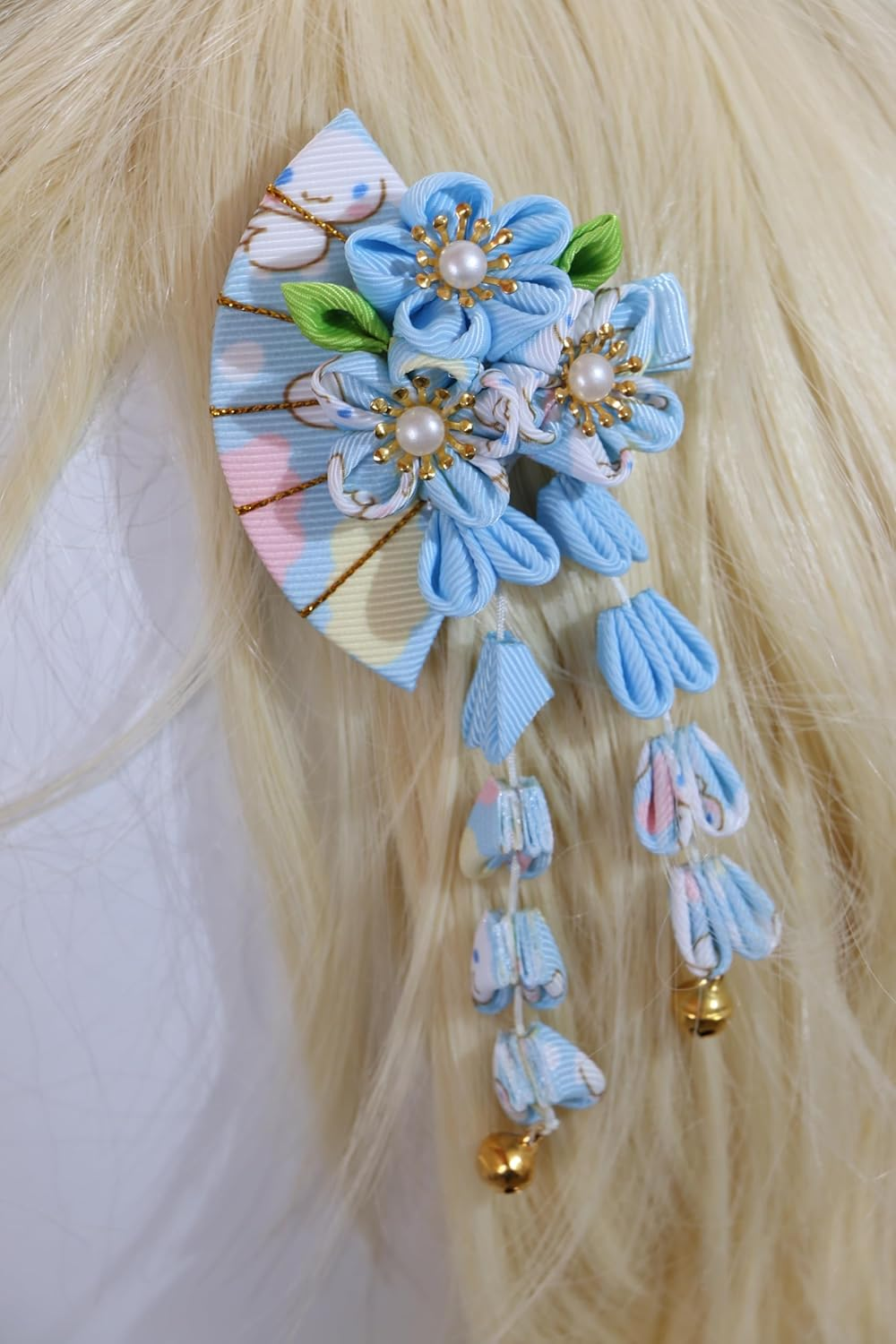 C-120-4 Blue Handmade Fan Shape Sakura Cherry Blossom Fabric Flowers Tassels Hair Clip Hair Clip Hair Clip Japan Geisha Kimono Accessory image number 4