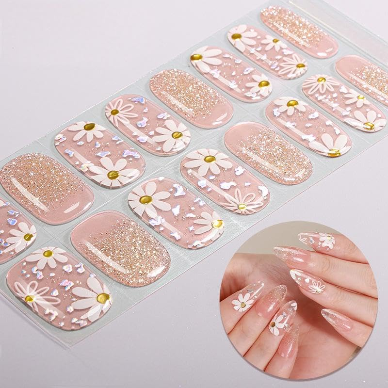 16Pcs XXXXXX French No-Baked Gel Nail Wraps,Waterproof Salon-Quality Self-Adhesive Nail Stickers for Women Girls, No UV/LED Lamp Needed (Lasts 14-28 Days) (Daisy Glitter) image number 4