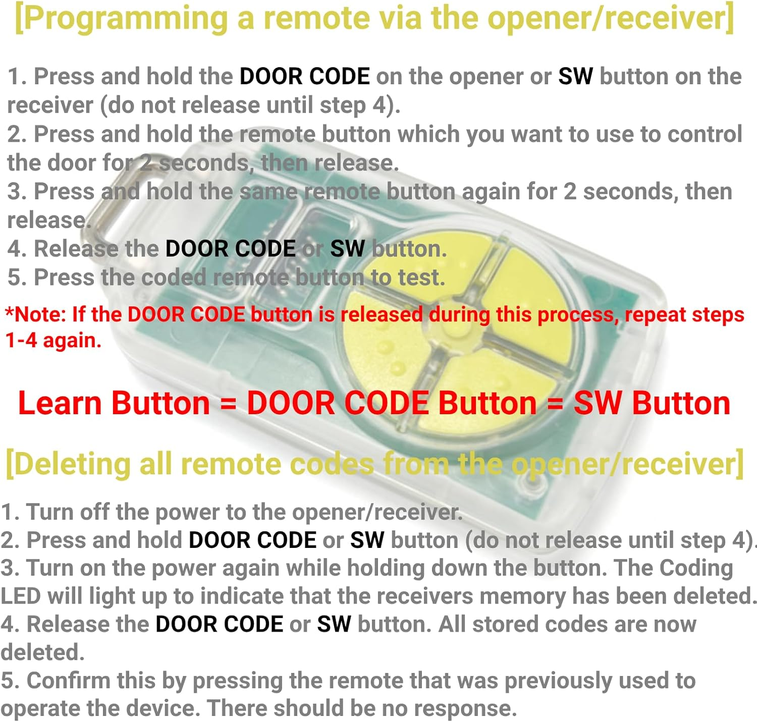 QSDIYRF Gate/Garage Remote Compatible with ATA PTX-5 PTX-5V1 PTX-5V2 DCB-05 GDO-6V3/6V4/7V2/7V3/8V3/9V2/9V3/10V1/11V1 Etc Garage Door Remote 433.92Mhz Yellow Buttons (Red LED Indicator, 1 Pack)