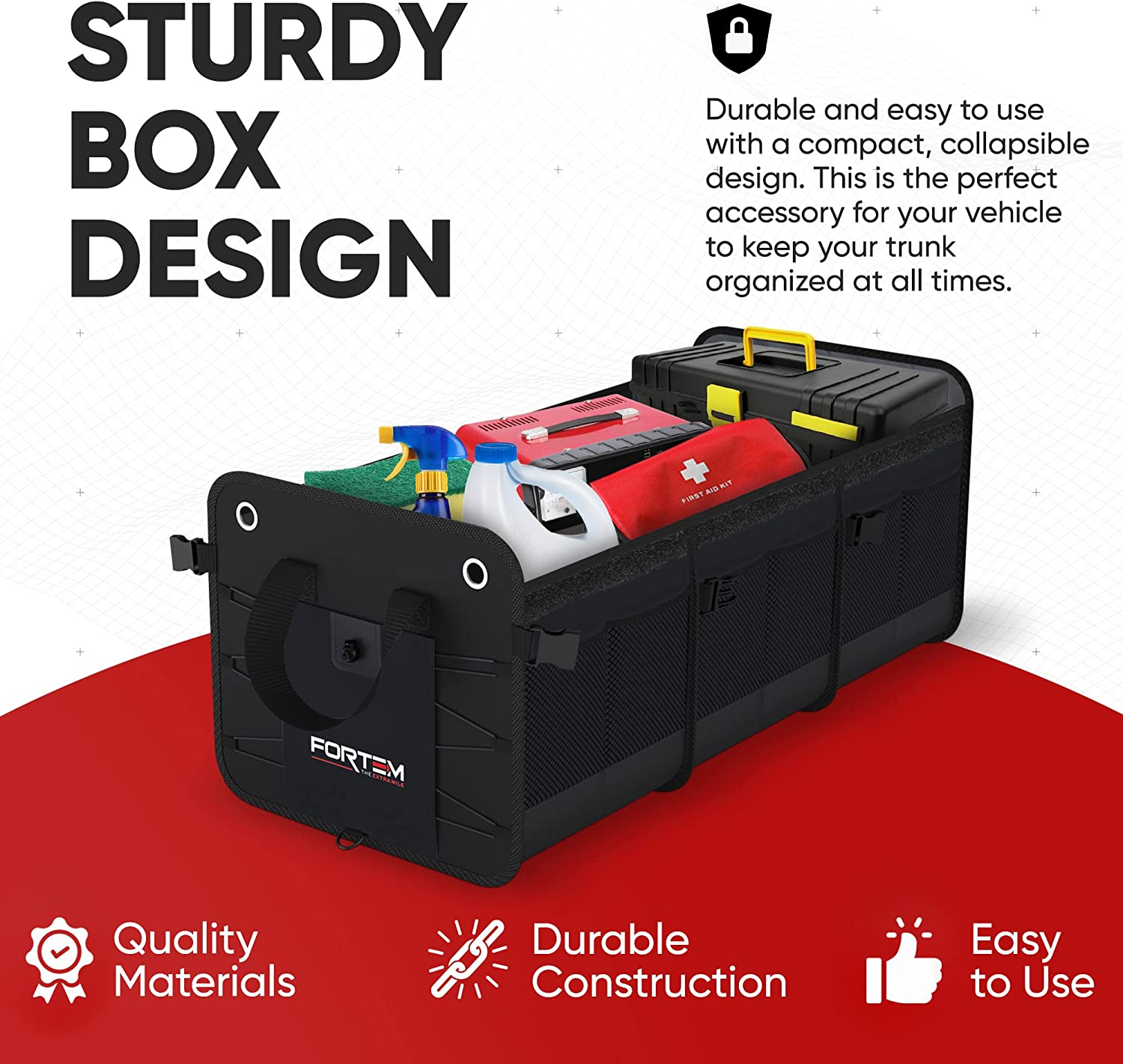 FORTEM Car Boot Organiser, Car Boot Tidy, Car Boot Storage, Collapsible Multi Compartment Car Organiser, Non Slip Bottom, Adjustable Securing Straps, Foldable Cover (3 Compartments, Black) image number 5