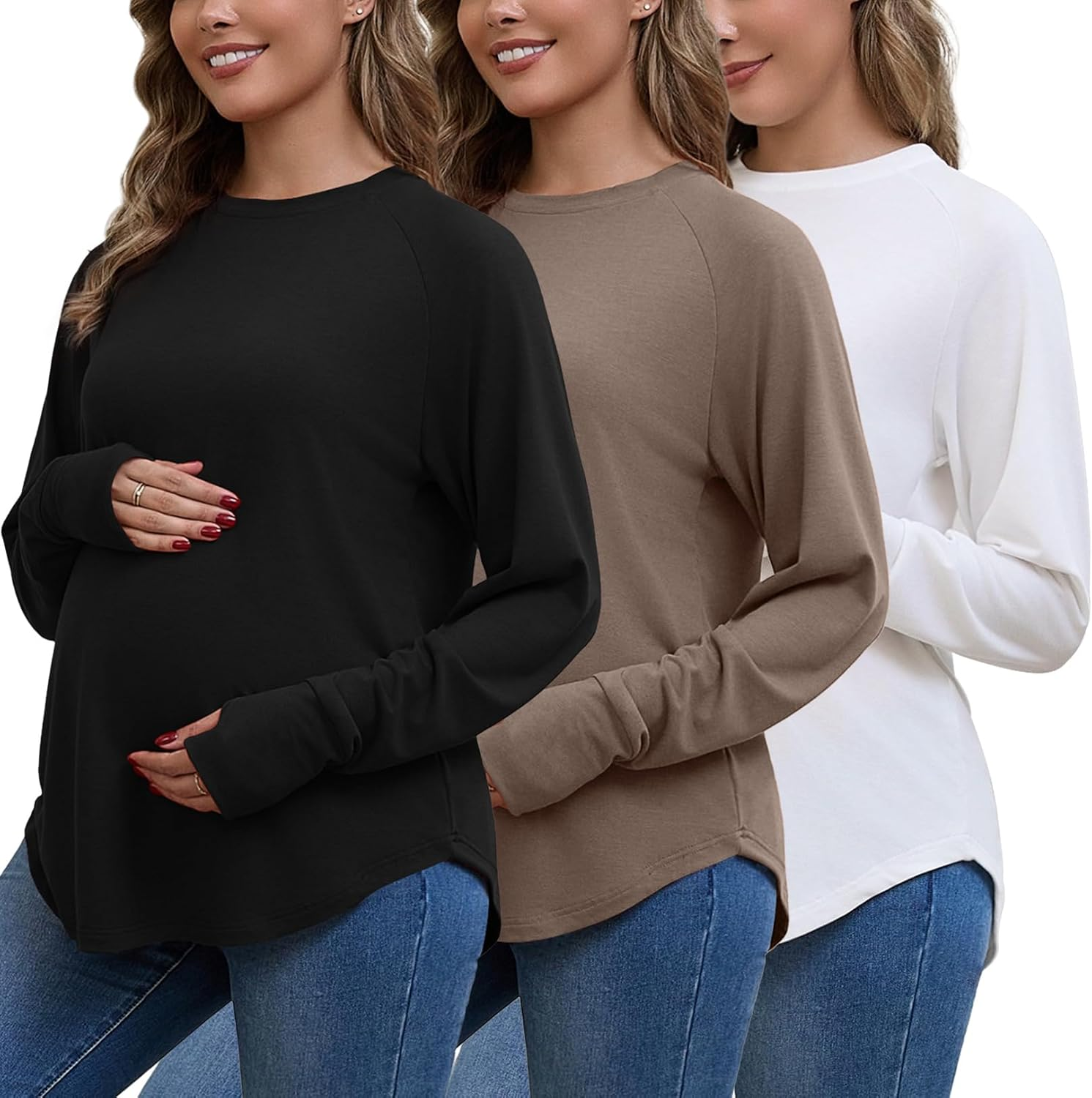 Bhome Maternity Shirts 3 Packs Long Sleeve Pregnancy Tops Loose Fit Casual Blouses with Thumb Holes