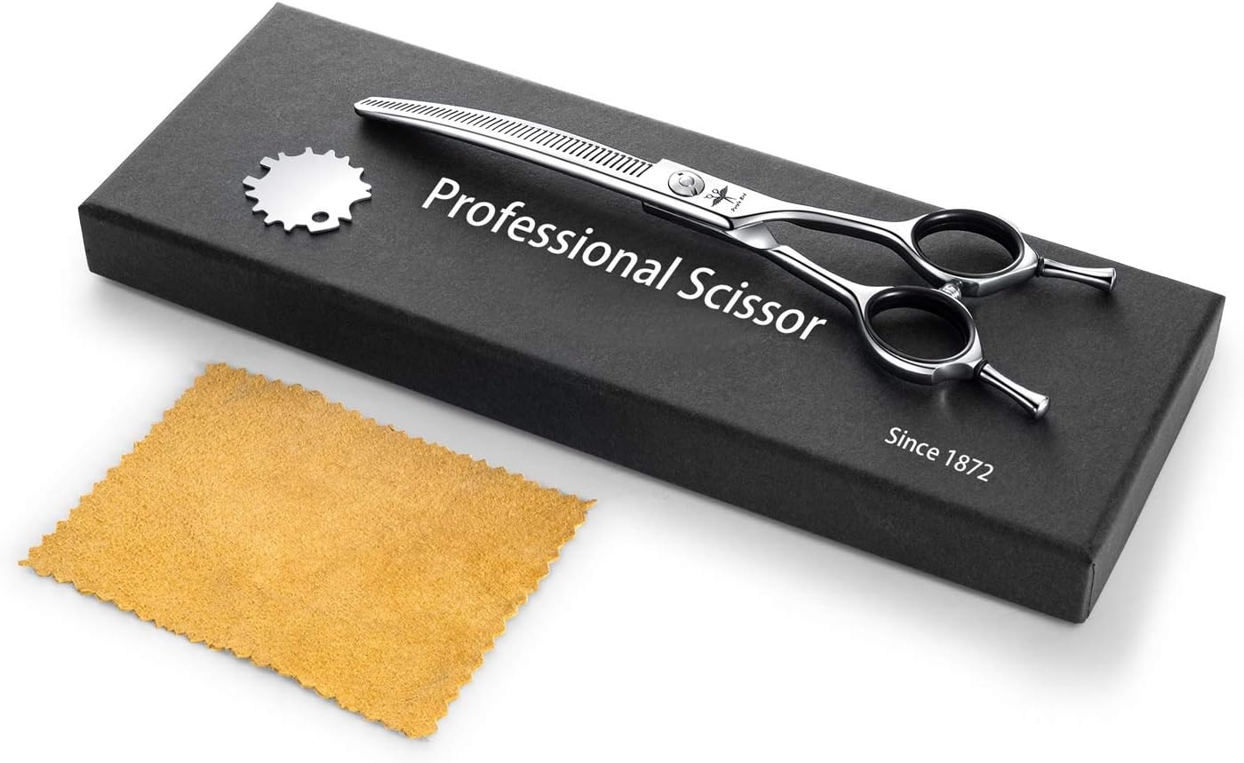 PURPLEBIRD 6.5 Inch Downward Curved Dog Grooming Scissors Pet Thinning Texturizing Shears Professional Safety Blunt Tip Trimming Shearing for Dogs Cats Face Paws Limbs Japanese Stainless Steel Silver image number 6