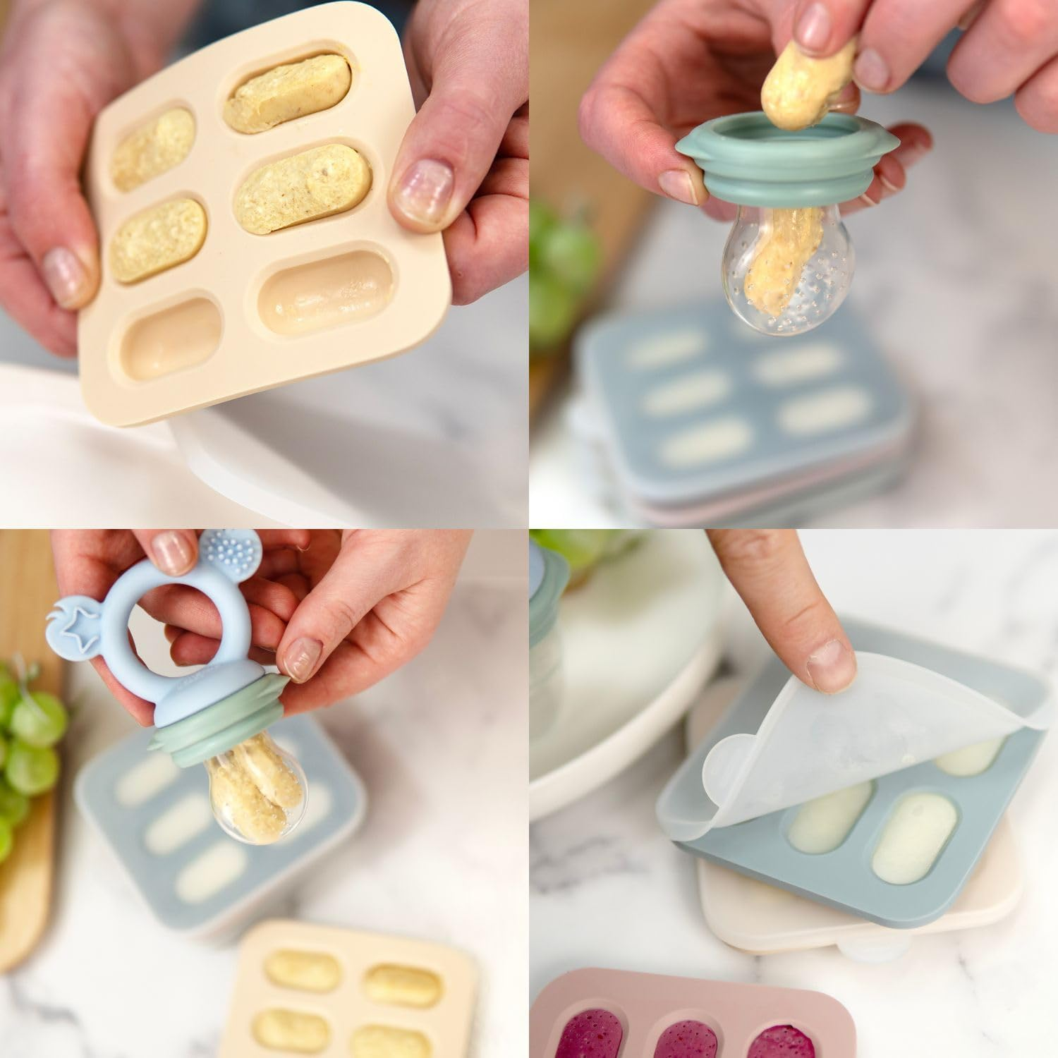 Cherub Baby Silicone Nibble Freezer Tray for Baby, Kids and Toddler - Ideal for Freezing Purees, Homemade Baby Food, Breast Milk and Ice Cubes - Dishwasher & Freezer Safe 2PK (Dusty Rose & Sand) image number 5