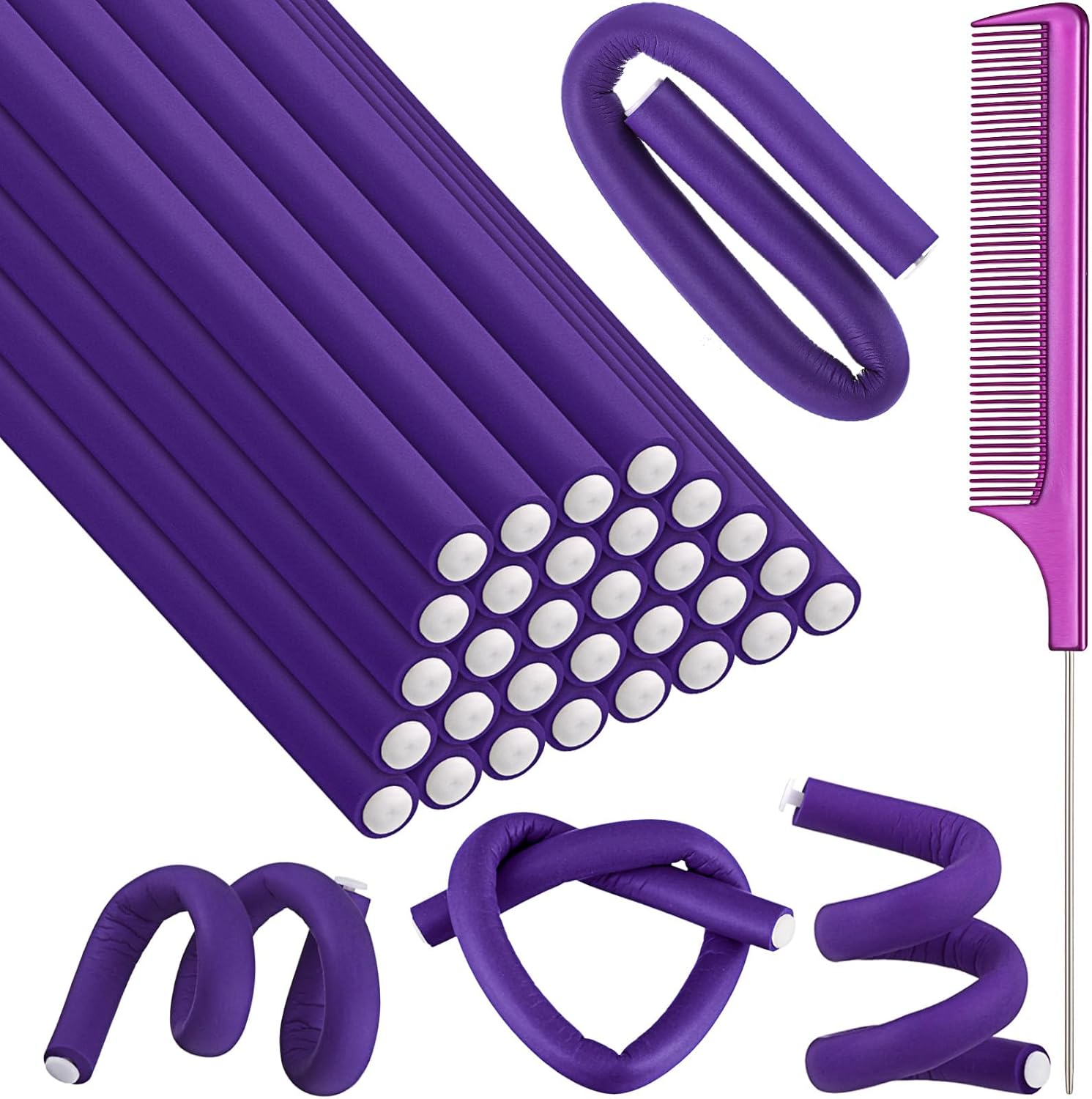 Syhood 30 Pieces Flexible Curling Rods Twist Foam Hair Rollers Soft Foam No Heat Hair Rods Rollers and 1 Steel Pintail Comb Rat Tail Comb for Women Long Short Hair(9.45 X 0.3 Inch,Purple) image number 6
