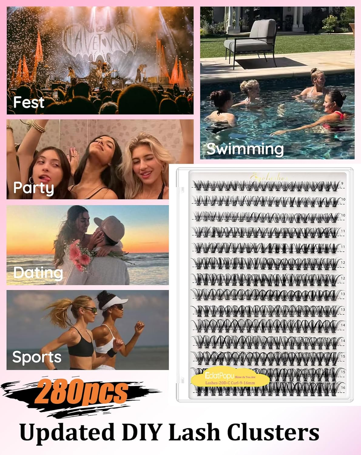 Eclatpopu Fluffy Lash Clusters Eyelash - 60D D Curl 9-16Mm Mixed False Cluster - 2YJ-60-D image number 3