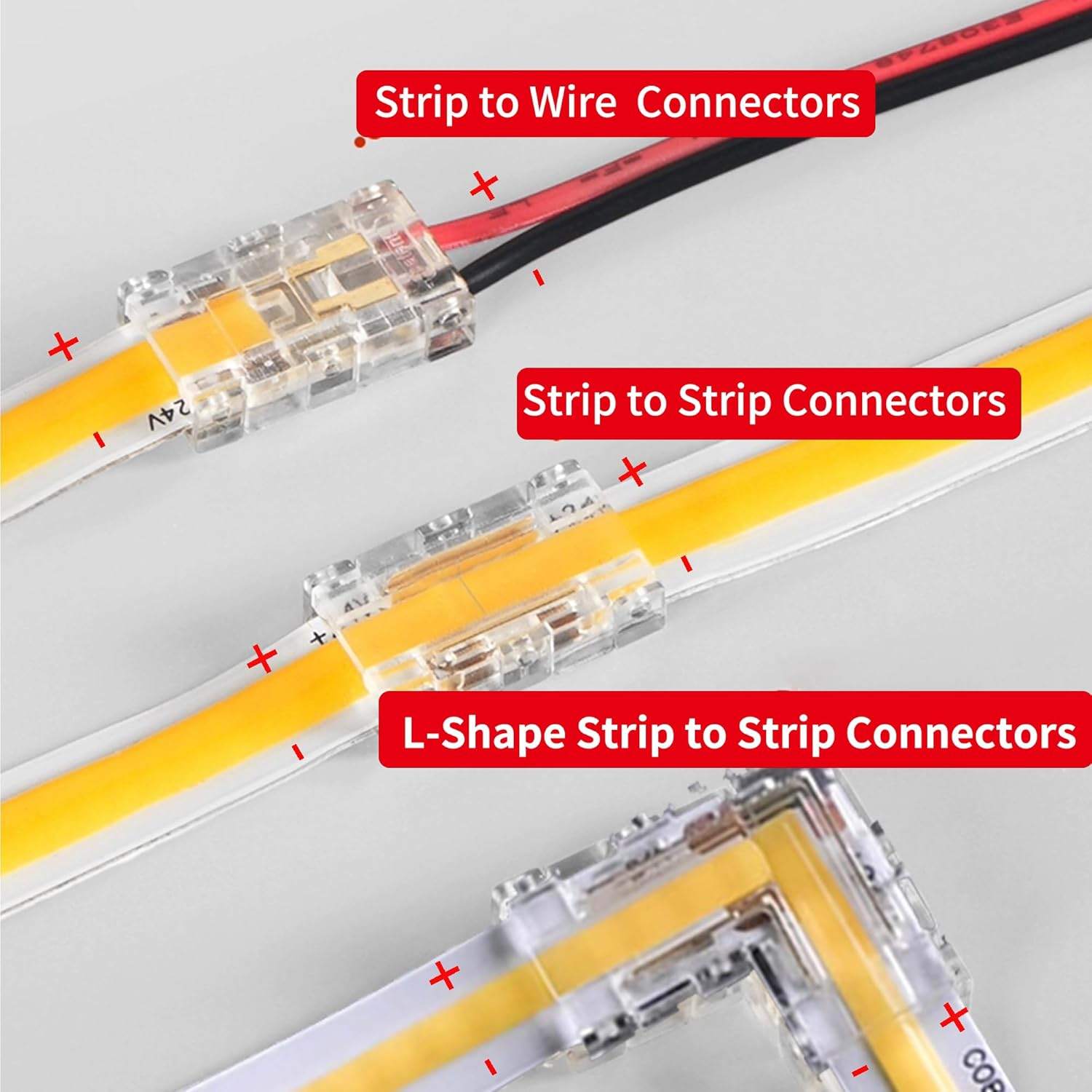 Clearhill 8Mm 2Pin 10Packs Transparent Solderless L-Shape COB LED Strip Connectors,90&deg;Right Angle Corner Joints for 5V 12V 24V Single Color LED Strip Lights,Seamless Corner Connection. image number 6
