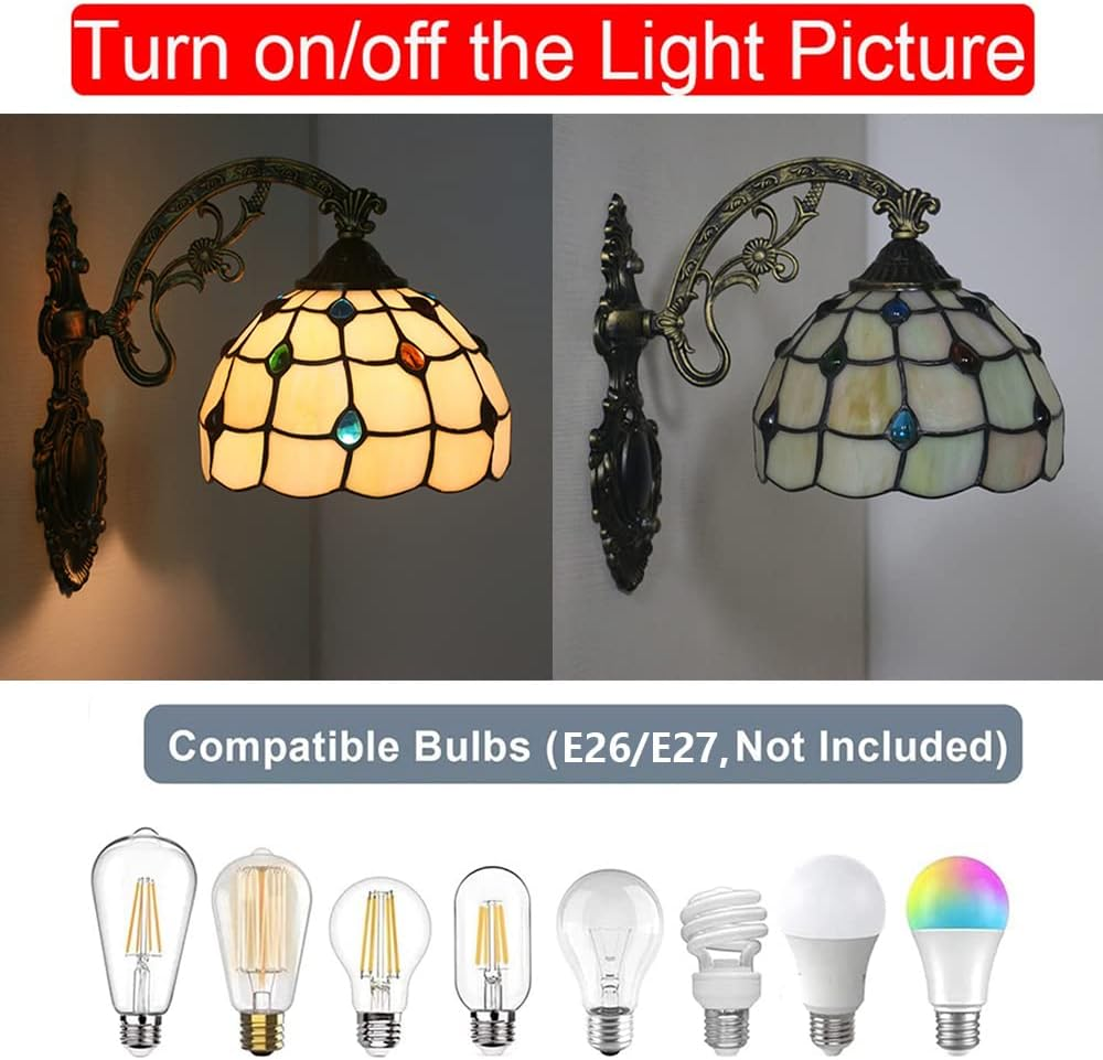 Retro Tiffany Style Wall Light, 8" Wide Rose Stained Glass Creative Multi-Colored Decorative Wall Lighting Fixtures for Living Room Bedroom Corridor Stairs,B XXZ image number 1