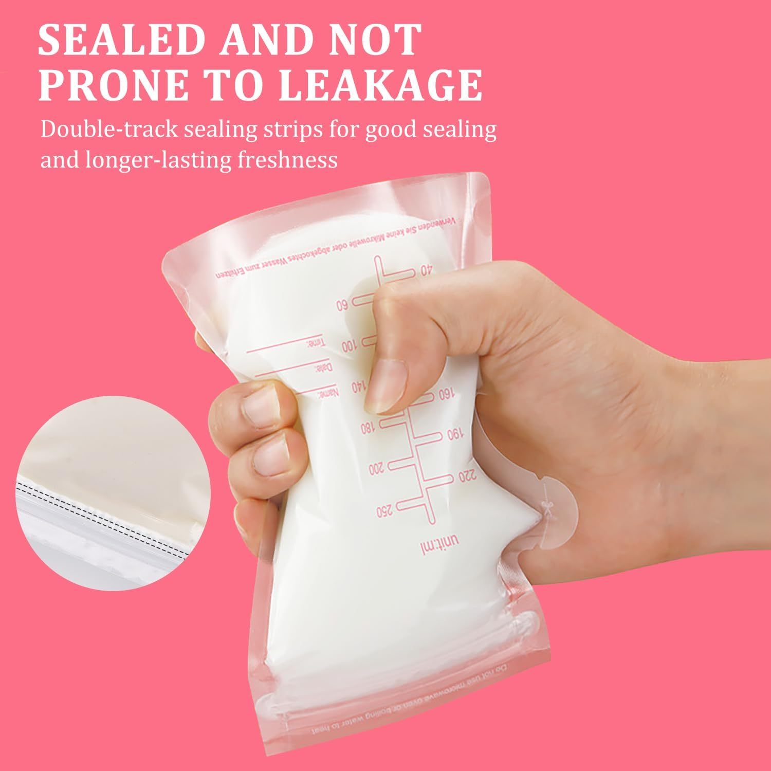 Breast Milk Storage Bags 120 Pack,Recyclable & BPA Free,Pre-Sterilised,Breastfeeding Disposable Milk Storage Bag,No-Leak Milk Freezer Storage Pouche,250Ml/8.8Oz Capacity image number 5