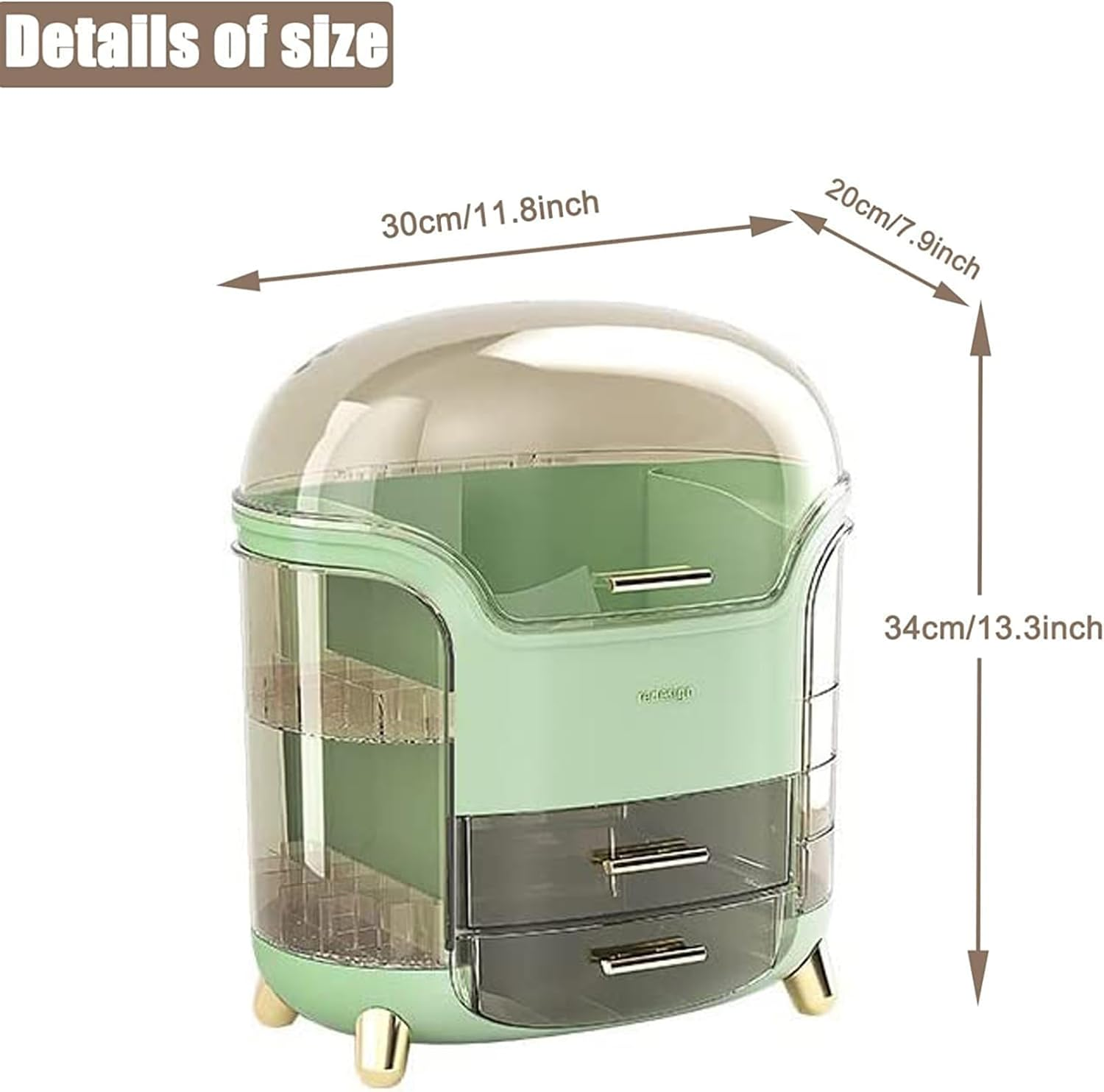 Makeup Organizer for Vanity, Portable Cosmetic Storage Box with Drawer and Transparent Lid, Dustproof and Waterproof Large Countertop Organizer Make up Holder for Bedroom, Bathroom Skincare (Green) - White image number 2