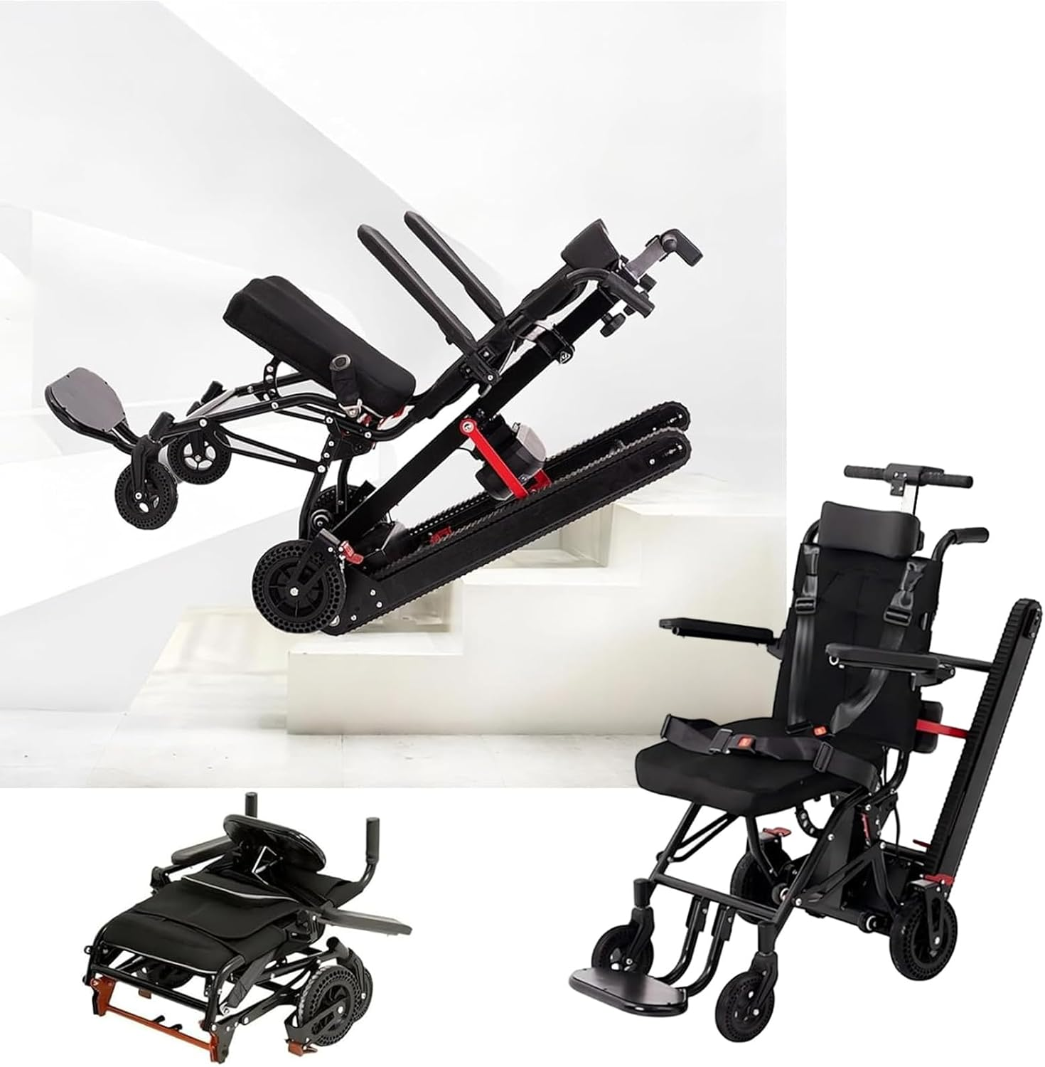 Electric Crawler Stair Climbing Wheelchair,Manual Lightweight Folding Electric Wheelchair,Electric Stair Climber ,Suitable for Disabled Seniors, with a Load of 353 Pounds, for Easy Moving and Daily Life Aids, Climbing and Descending Stairs Effortlessly (Red)