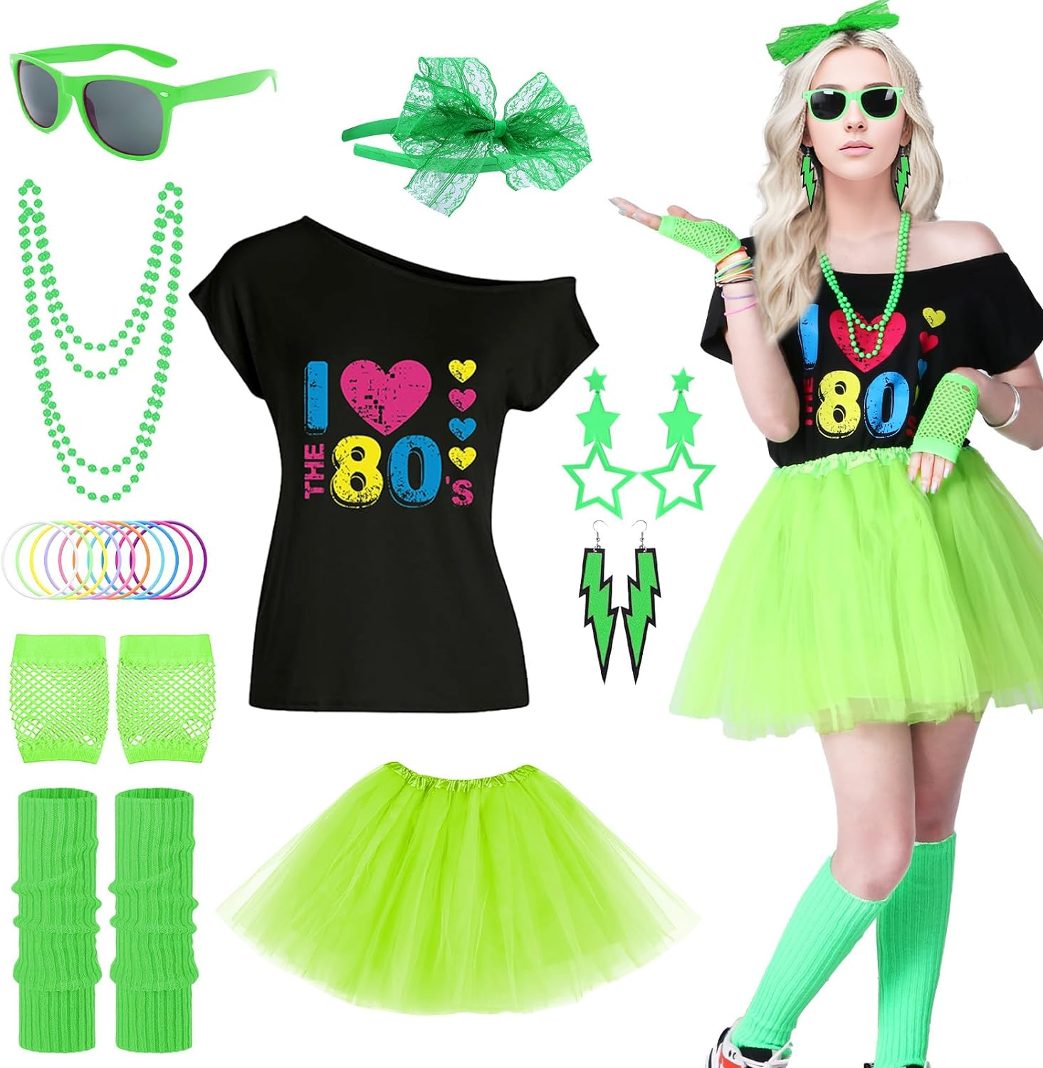 80S Fancy Dress for Women 80S Costume Accessories Set Lips Print T-Shirt Adult Tutu Skirt Lace Headband Neon Earrings Necklace Leg Warmers Fishnet Gloves Bracelet