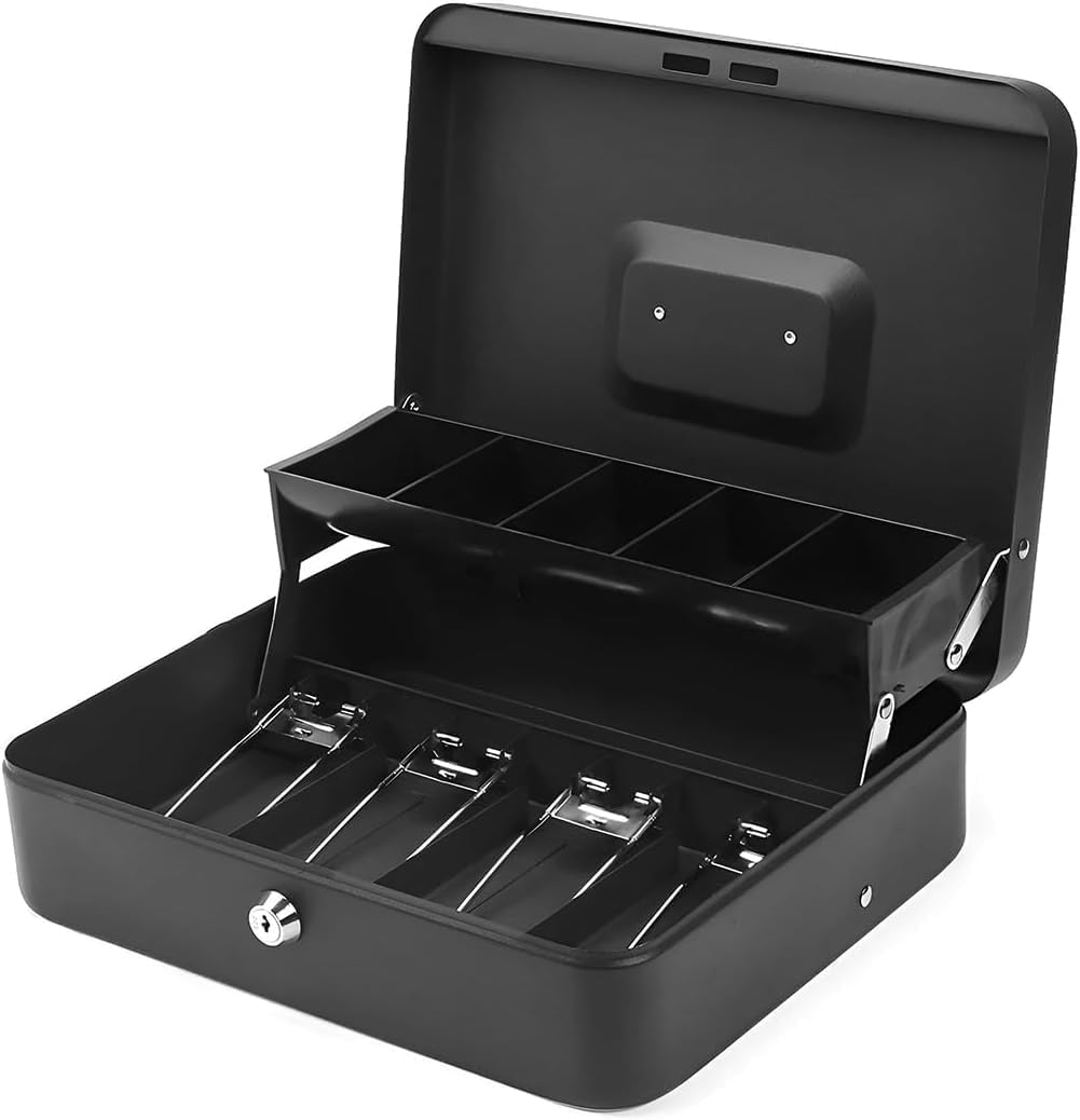 Metal Safe Box with Lock for Bills and Coins, Large Compartments, 2 Keys Included, Secure Locking Mechanism, Practical Spring Clips for Bills image number 5