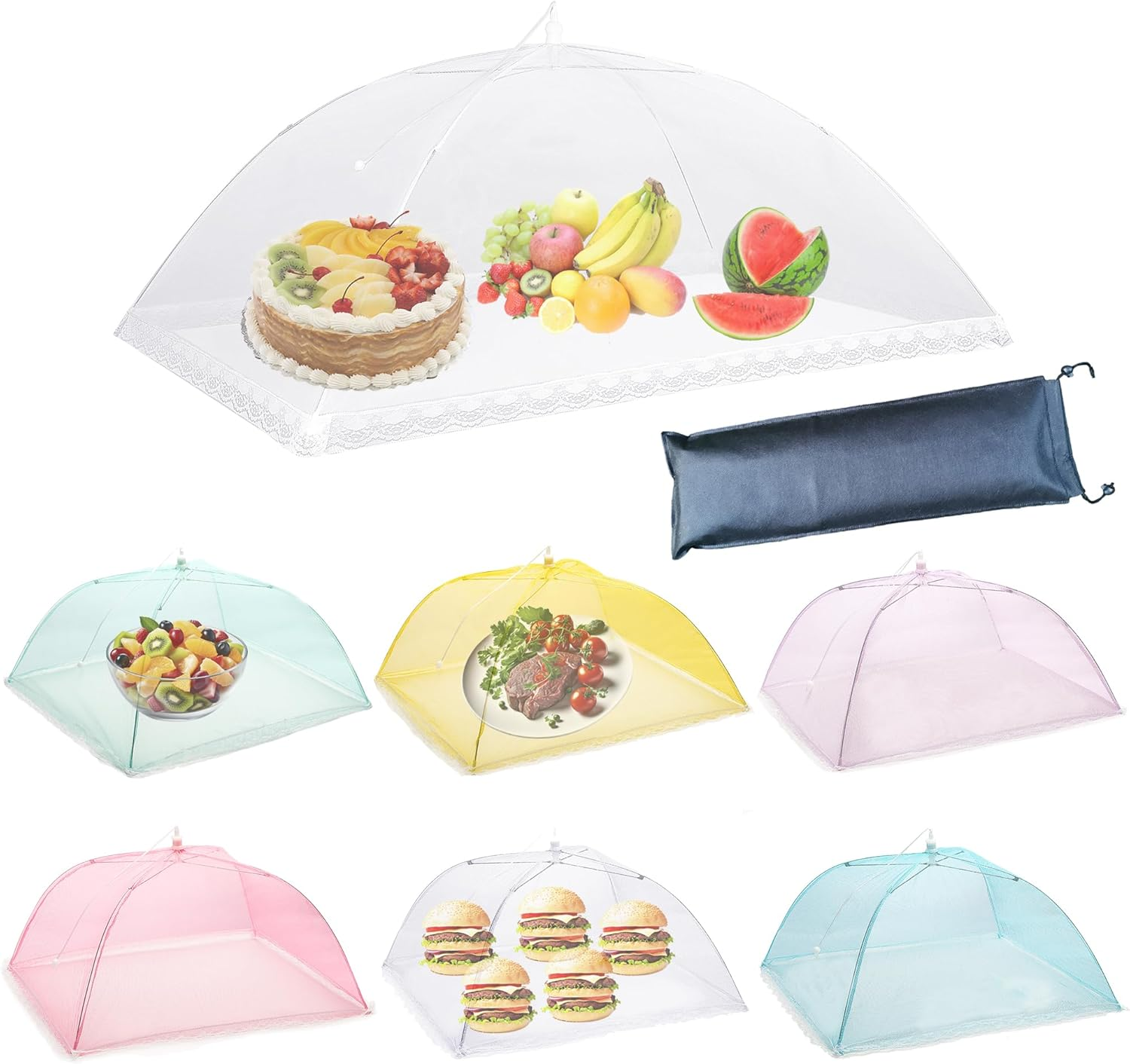 Food Covers for outside Mesh,1 Pack 40"X24" Extra Large Food Net + 6 Pack Colorful 17"X17" Pop up Mesh Food Tent Fly Covers Mesh Food Covers for Outdoors Picnic Pool Party BBQ Supplies image number 3