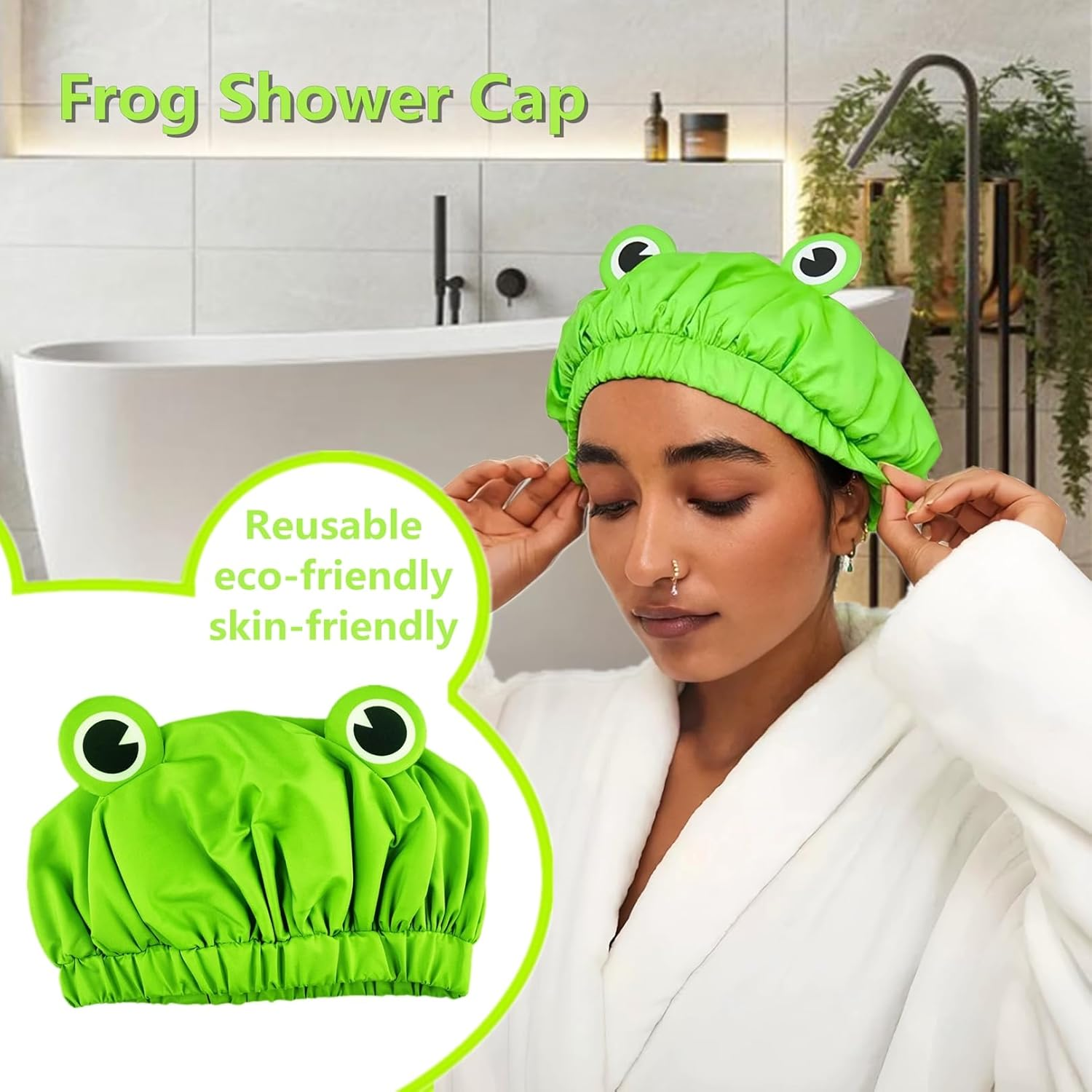 Lamame Shower Cap, Waterproof Reusable Double Layers Bath Cap Elastic Band Hair Cap Green Frog Shower Cap for Women Ladies Spa Salon, Small image number 2