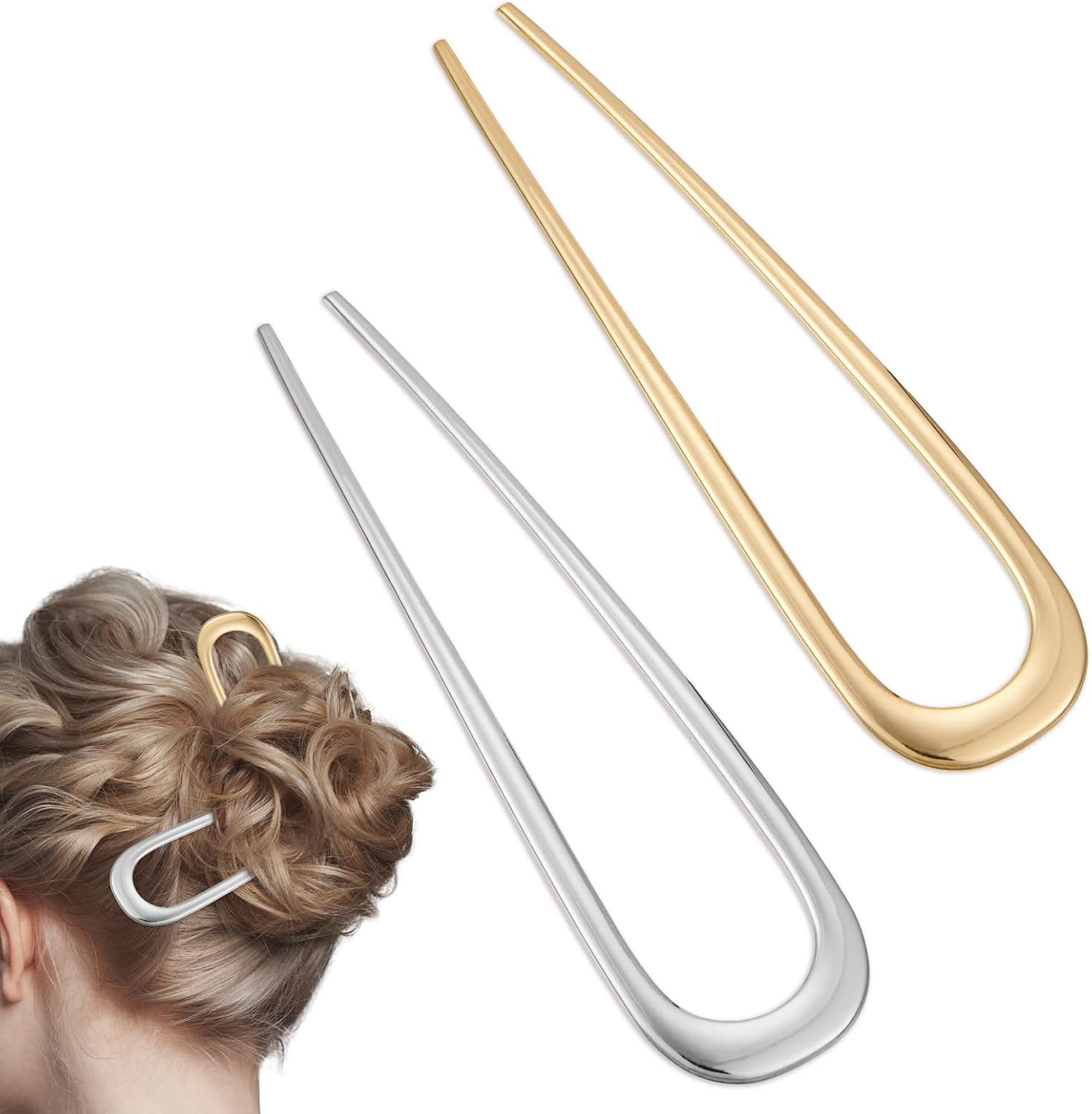 Hanyousheng 2 Pcs Metal French Hair Pins, U-Shaped Hair Pins French Twist Hair Pins, French Pins for Thick Hair, Hair Sticks for Buns, Hair Pins for All Hair Types, for Women Hairstyle Accessories image number 6