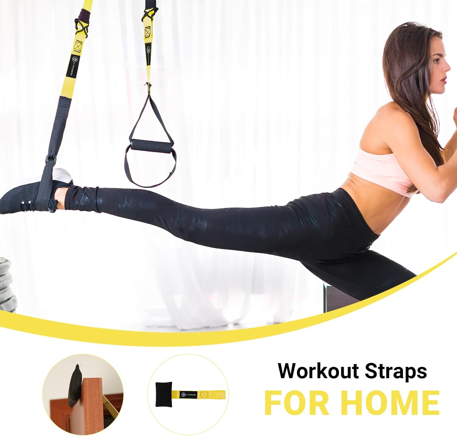 LI FITNESS Suspension Trainer Kit Resistance System Full Body Workout Training Equipment Fitness Band Set with Door Anchor Adjustable Workout Straps for Home Gym Travel Outdoors (Yellow)