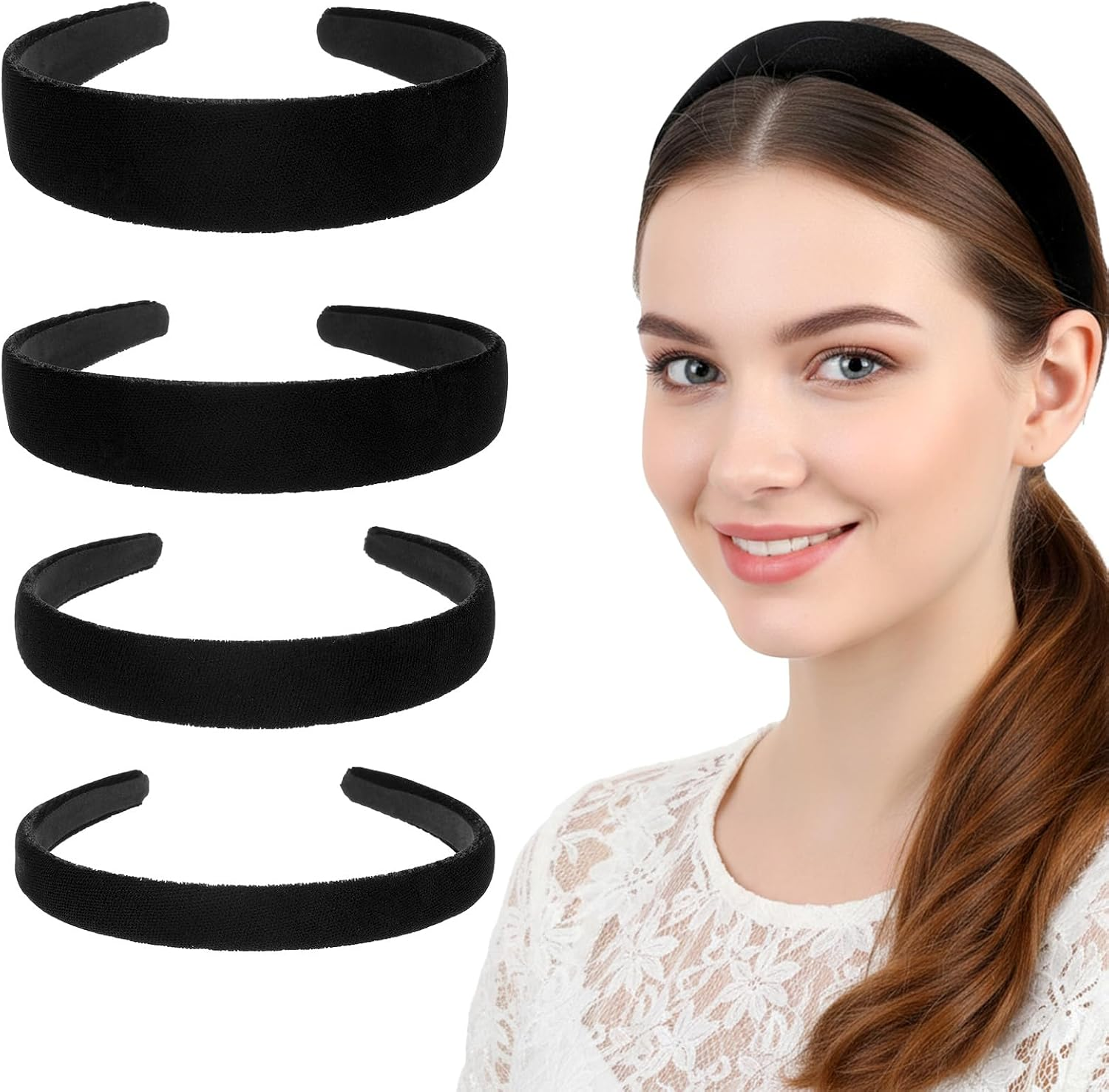 LXUEJIE Pack of 4 Women'S Black Velvet Headbands, Wide Headband, Vintage Hair Band, Simple Hair Bands, Velvet Fabric Headbands, Fashion Hair Accessories for Girls, Women, Everyday (4 Pieces) image number 3