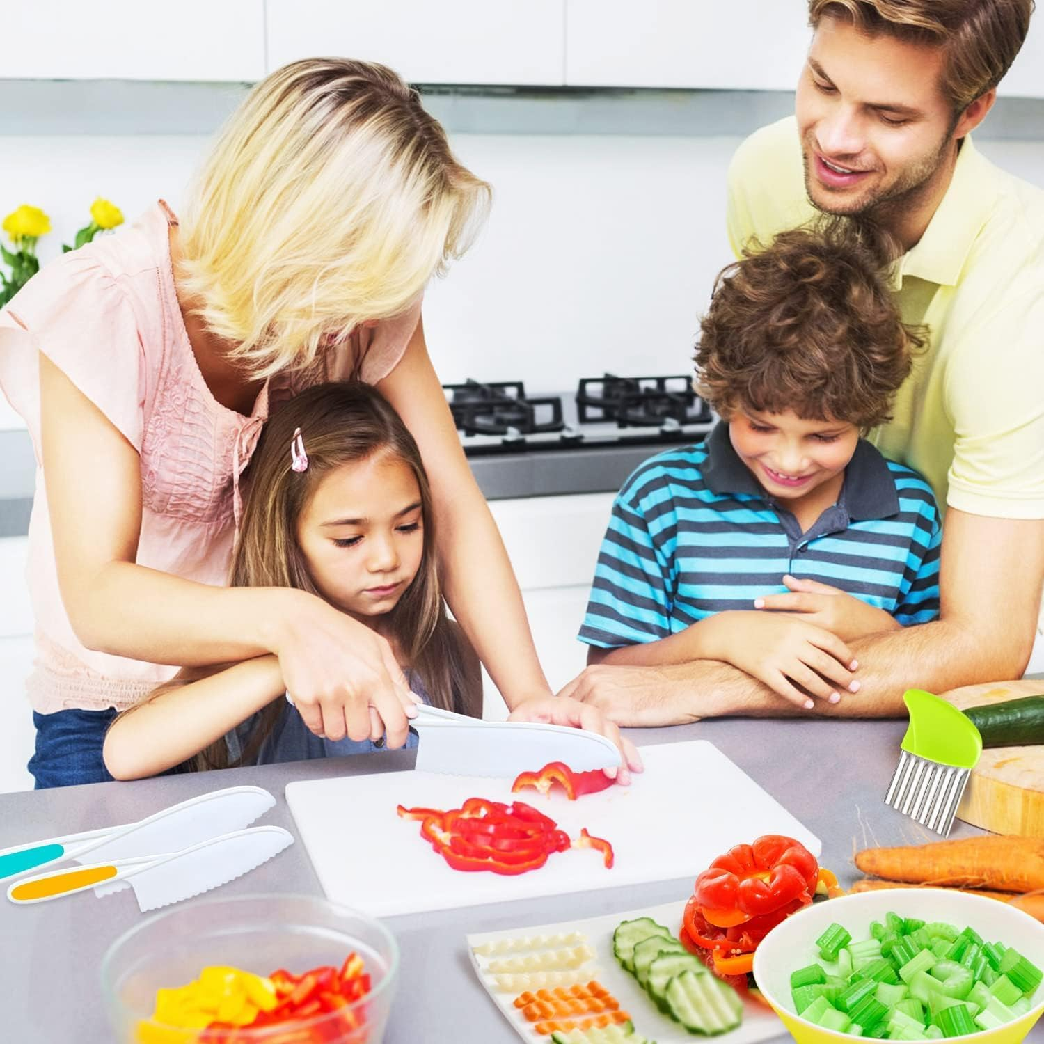 Kids Kitchen Knife, 7 Pcs Kids Knife Set Include Serrated Edges Plastic Toddler Chef Knife, Crinkle Cutter, Sandwich Cutter, Y Peeler, Cutting Board, Perfect for Toddlers Gifts for Boys and Girls image number 1