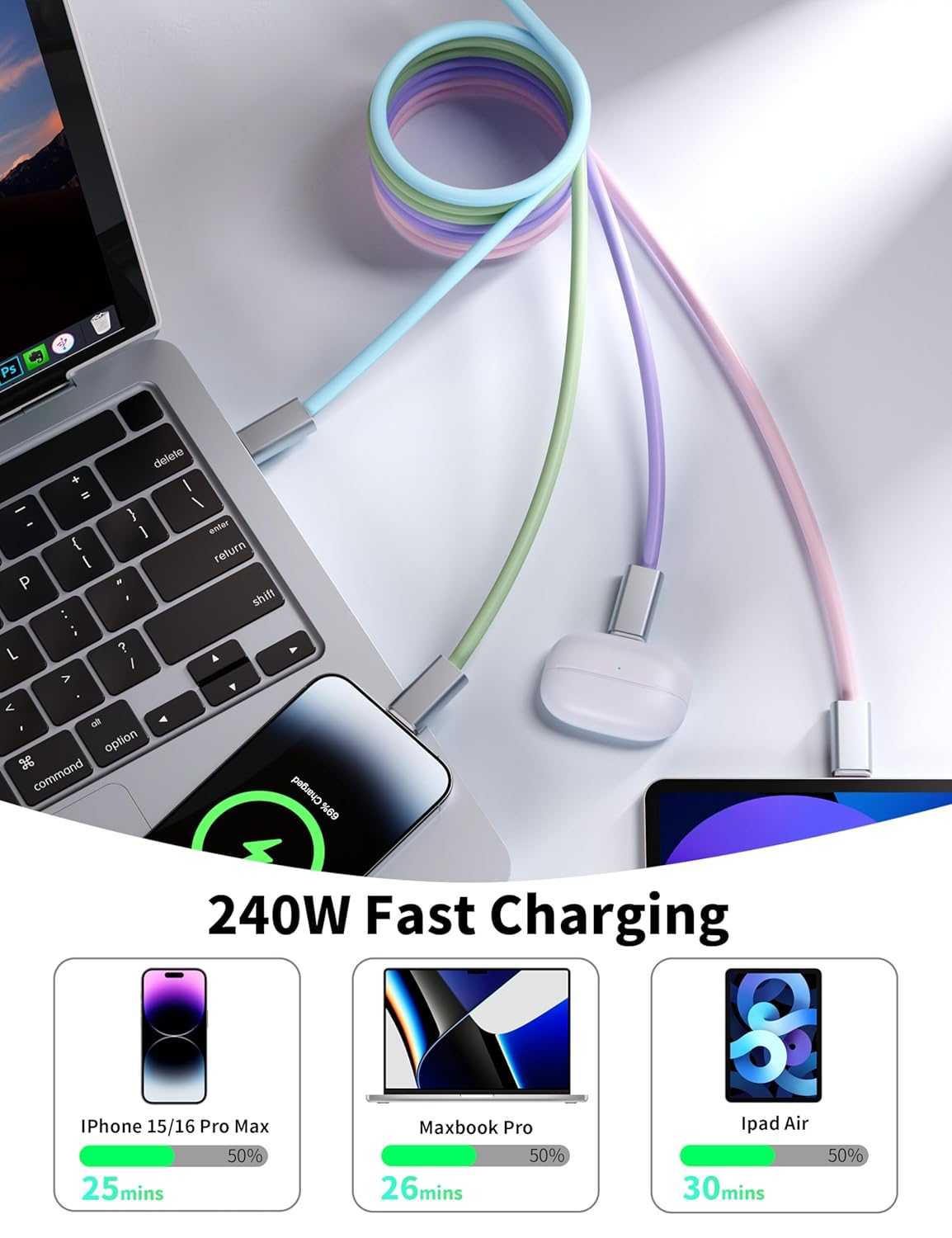 BELAROI Magnetic USB C to USB C Charging Cable [240W/140W/100W PD Fast Charging][480Mbps Data Sync] Soft Silicone Durability with Aluminum Connector for Macbook/Iphone 15/16 Pro/Plus/Android (Purple) - Blue image number 2