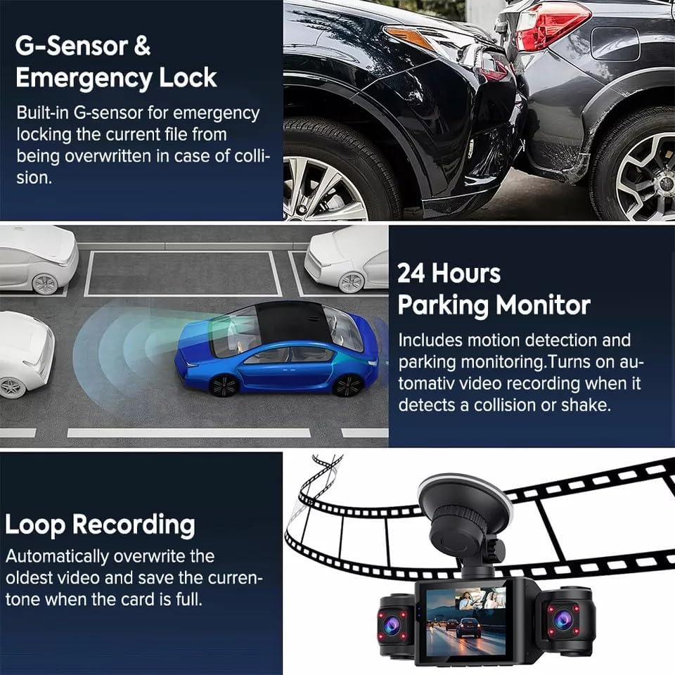 3 CH Dash Cam 1080P 2.4" Dash Cam Front Rear inside Dash Camera Loop Recording image number 3