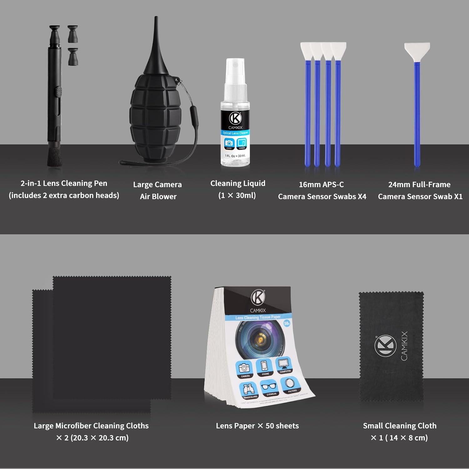 Camkix 14 in 1 Camera Lens Cleaning Kit - Includes Large Air Blower, Lens Cleaning Pen, Dry Swab, Cleaning Paper, Optical Lens Spray, Microfiber Cleaning Cloths For image number 6