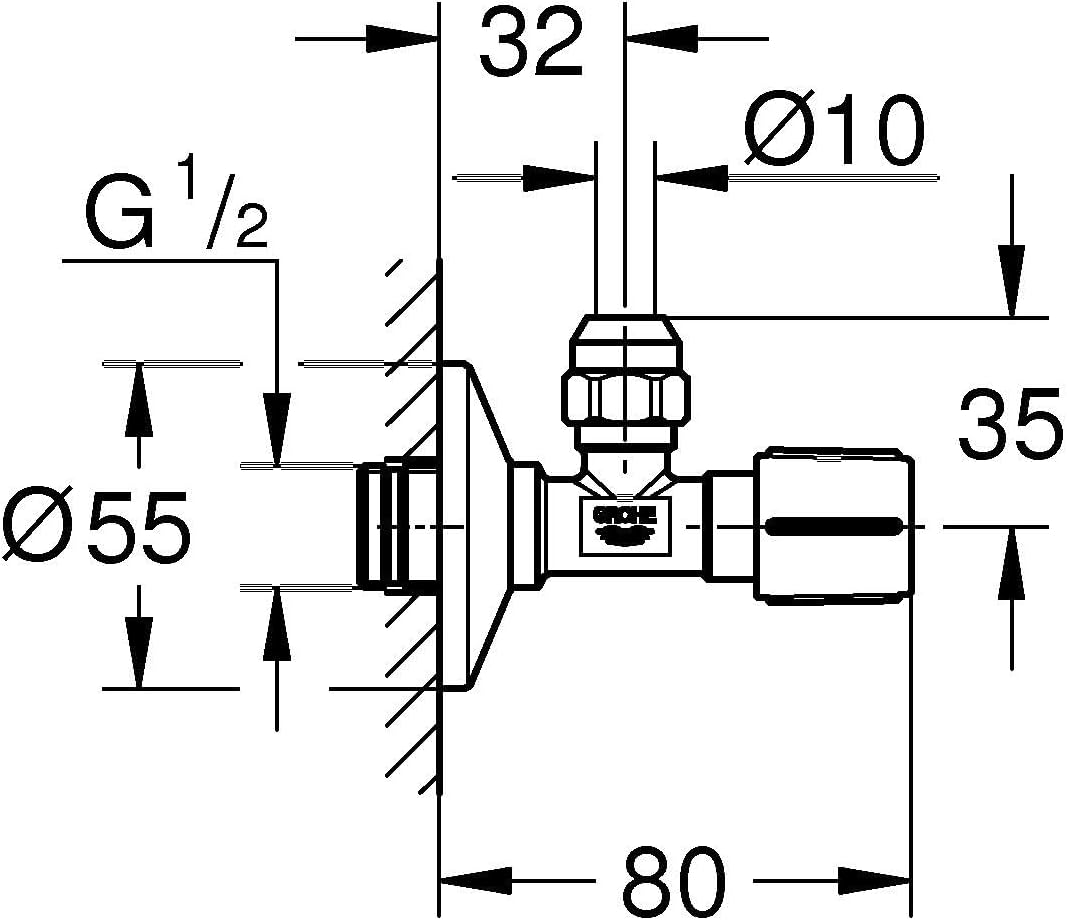 GROHE Angle Valve (With Self-Sealing Connection Thread, Wall Connection 1/2 Inch with Push Rosette, Outlet 3/8 Inch), Chrome, 22039000