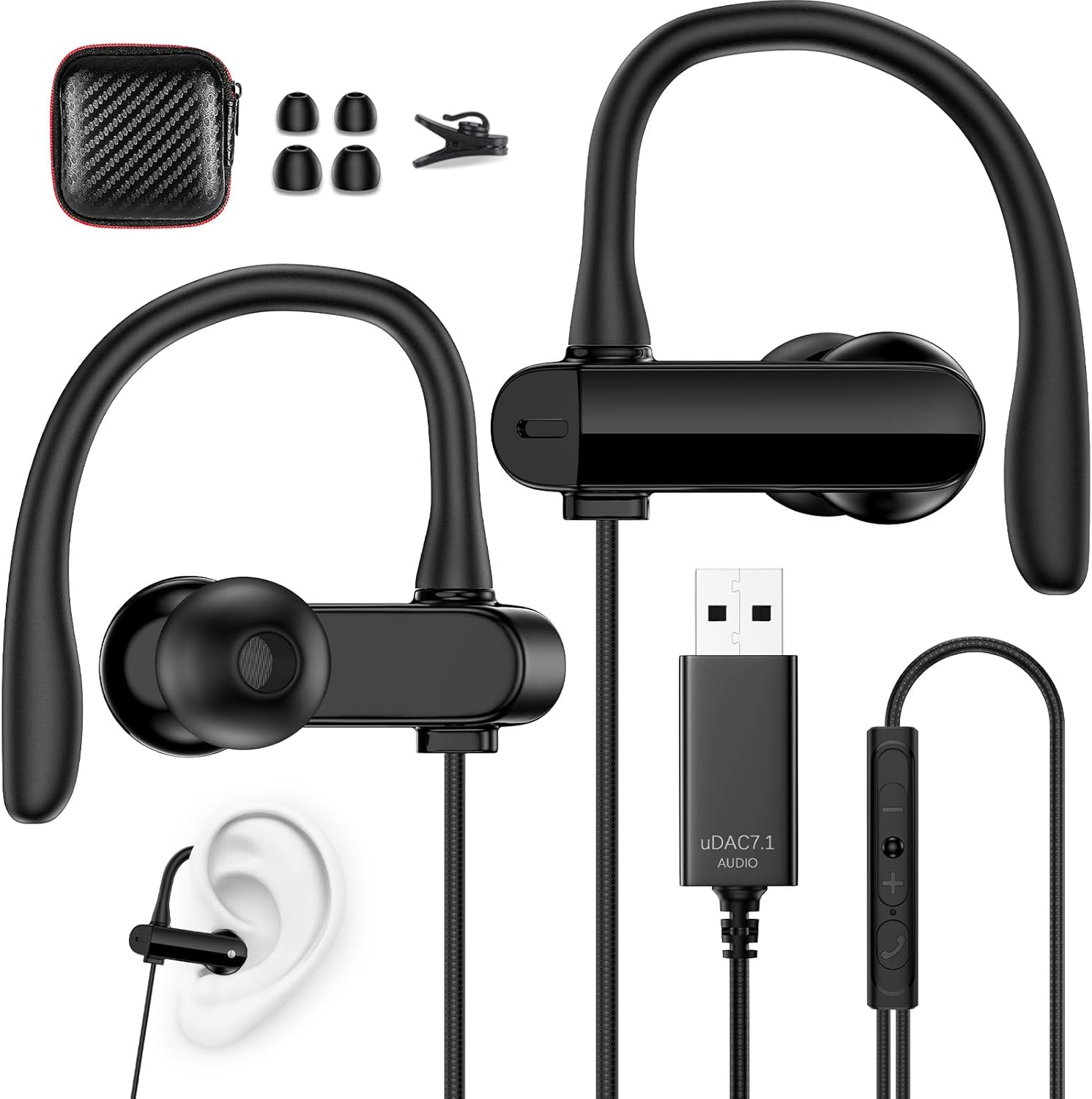 AIAUXAI USB Headphones with Microphone for PC Laptop, Ear Hooks, Volume Control, Noise Reduction, In-Ear USB Headphones with Cable for PS4/5, Macbook, Chromebook for Office, Games, Video, in Line image number 5