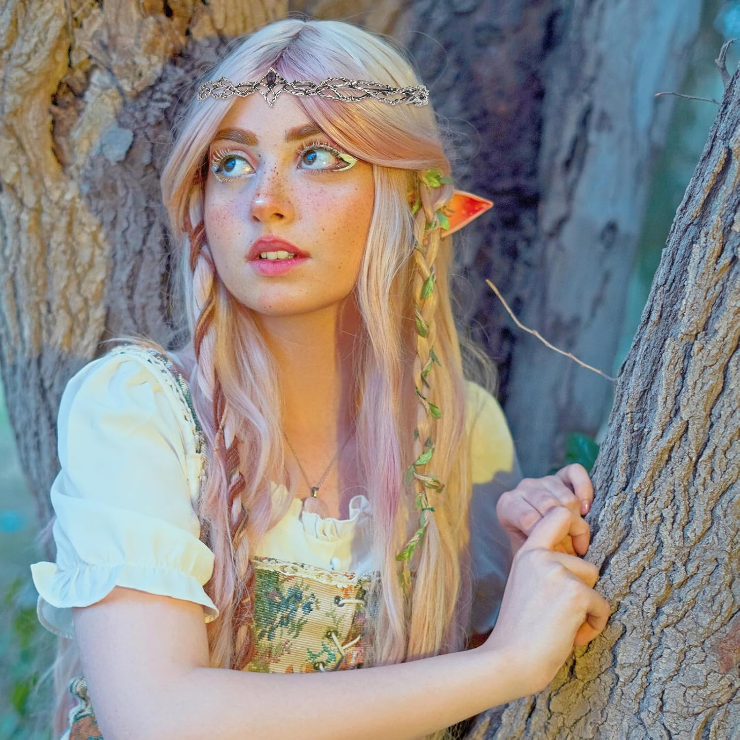 ANBALA Rhinestone Fairy Crown for Women Crystal Elf Crown Silver/Gold Circlet Costume Headwear for Men Renaissance Headpiece for Birthday Party Cosplay Halloween - Gold-1 image number 2