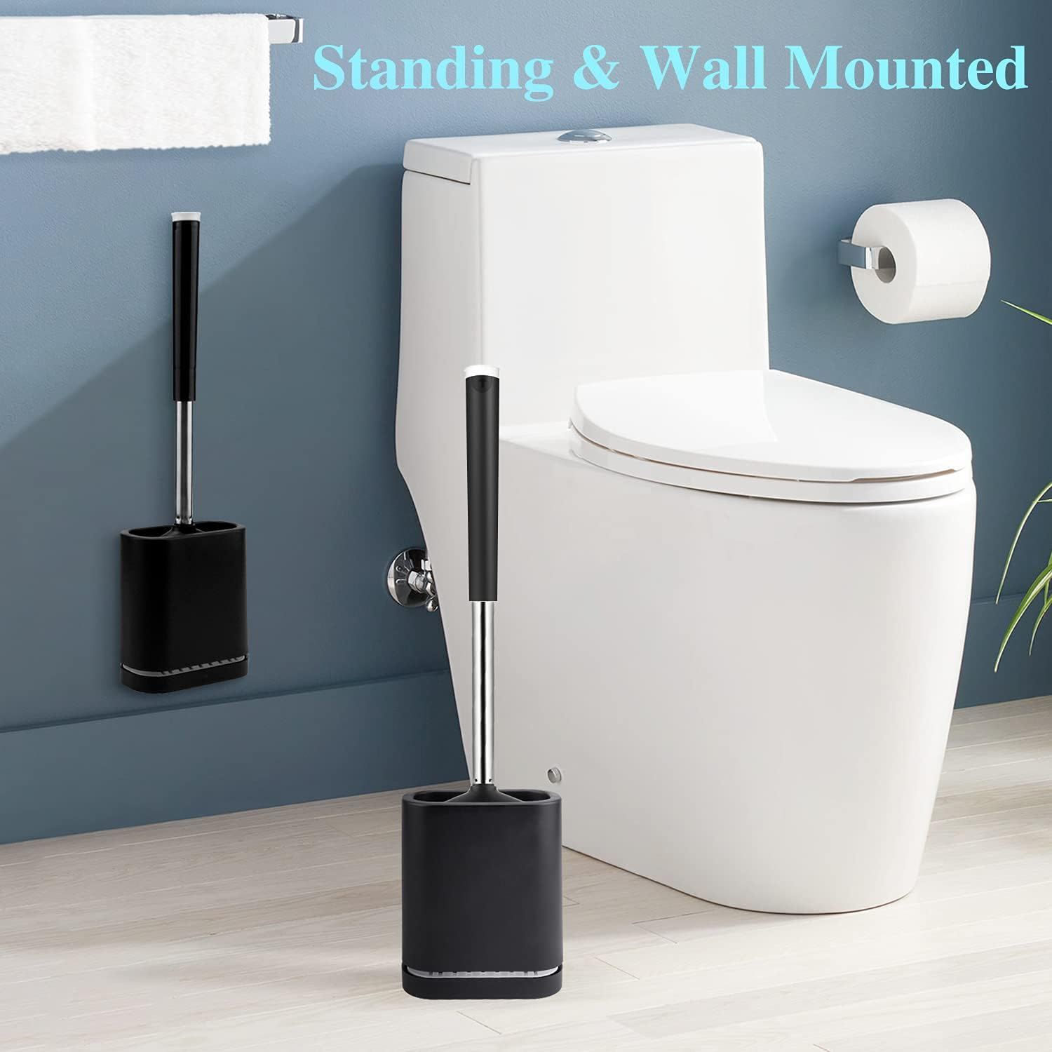 Boperzi Toilet Brush - Silicone Toilet Brush and Holder with Tweezer Wall Mounted, anti Rust Soft Bristles Toilet Bowl Cleaner Brush with Stainless Steel Handle for Bathroom Household Flat Black - Flat/White image number 2