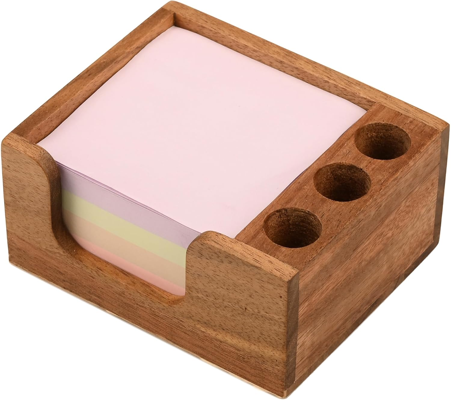 Acacia Wood Sticky Note Holder with 3 Pen Holders, 3X3 Post It Note Dispenser with Anti-Slip Pads, All-In-One Wooden Desk Organizer for Office Home School (4.0&ldquo;X3.5"X2") image number 5