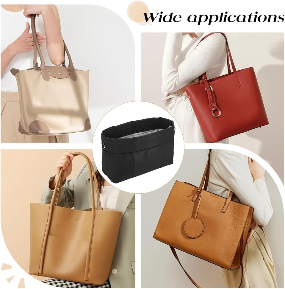 WADORN Nylon Handbag Organizer Insert, Tote Bag Organizer Insert Multi-Pocket Bag Organizer inside Large Bag Divider Zipper Insert Bag Liner Storage Travel Bag in Bag, 12X3.74X6.77 Inch, Black image number 5