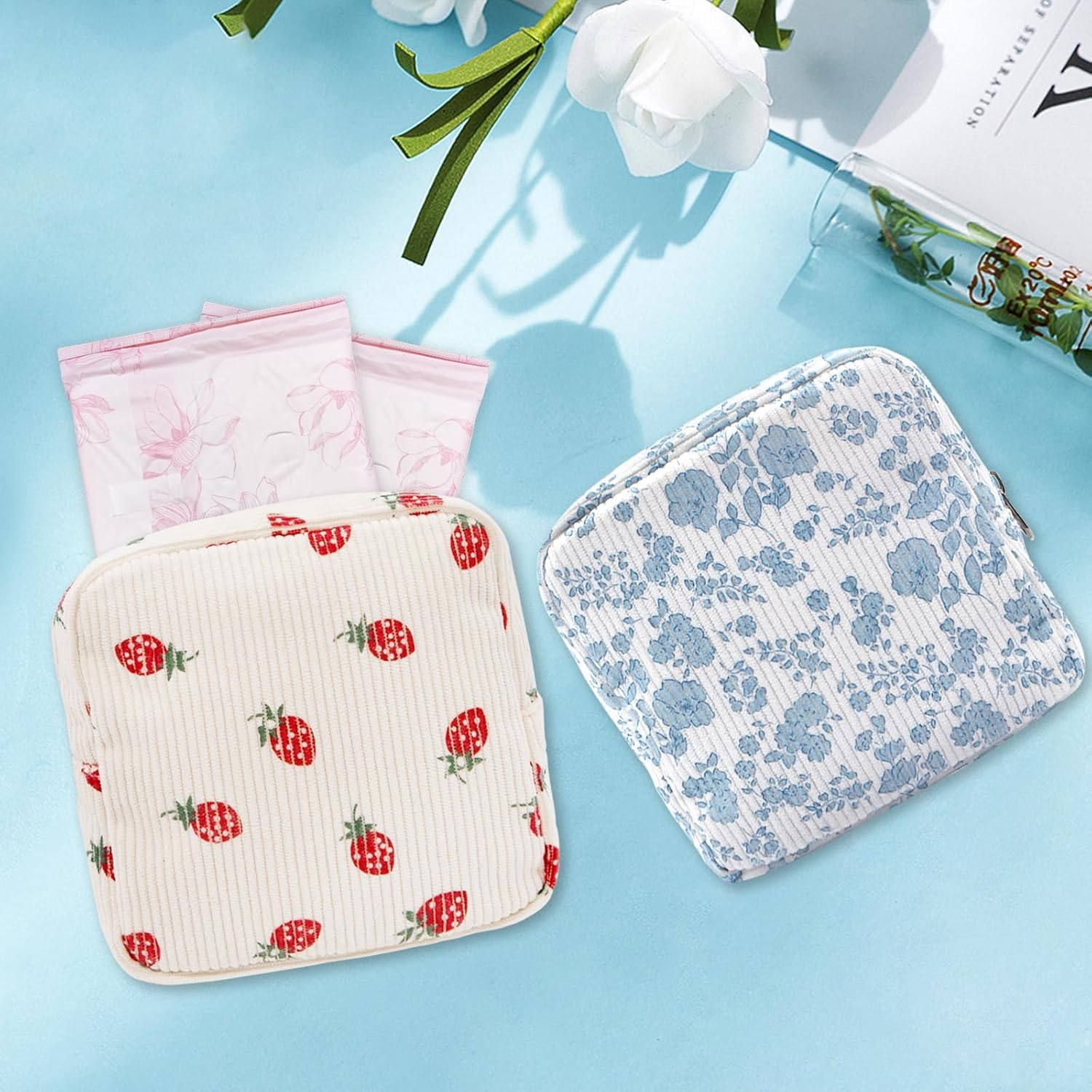 Travel Makeup Bag 2-Piece Set, Strawberry and Orchid Print Corduroy Cosmetic Pouches, Mini Toiletry Organizer with Compartments for Women image number 4