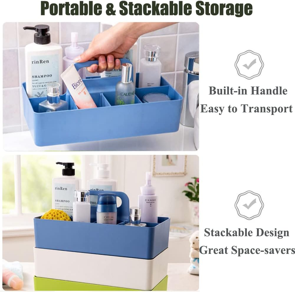 8 Slots Stackable Desk Organiser for Stationery, Arts & Craft Supplies, Portable Plastic Storage Containers Basket with Handle, Adjustable Makeup Organisers Case for Bathroom, Bedroom, & Home Office - Blue image number 2