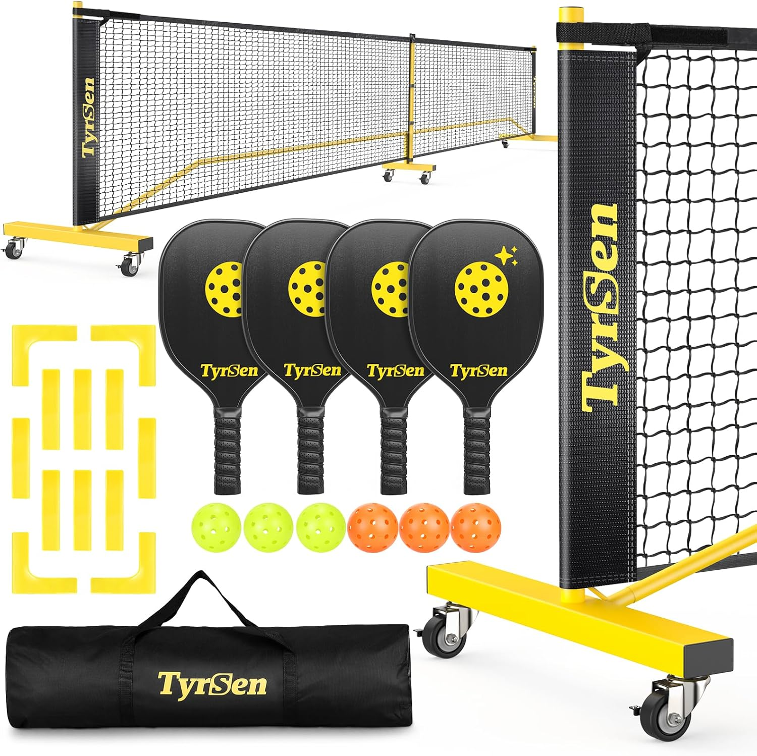 TYRSEN Pickleball Set with Net for Driveway Portable Pickleball Net on Wheels 22 FT Regulation Size Pickle Ball Net System with Carrying Bag, Weather Resistant Metal Frame image number 4