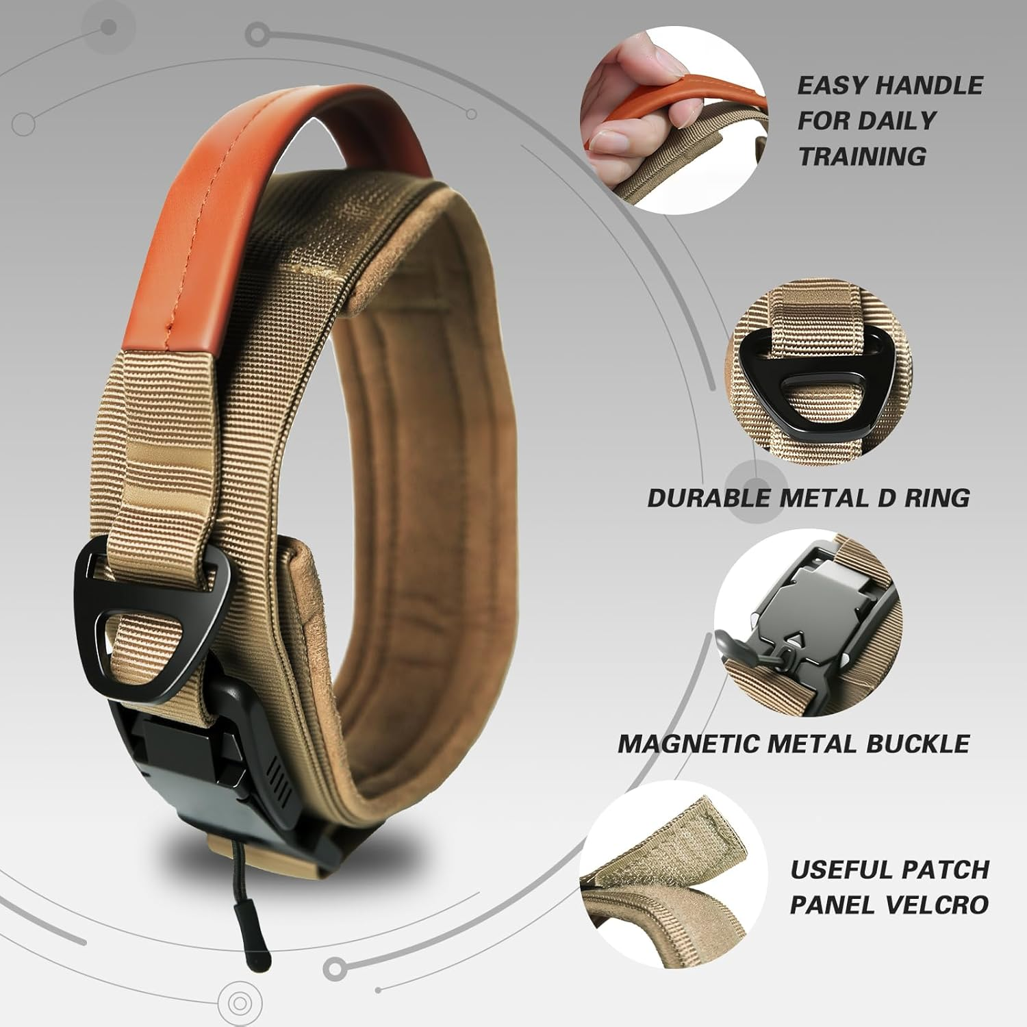 Nouri Tactical Dog Collar, Adjustable Military Training Nylon Collar with Breathable Soft Padded, Thick Pet Collar with Control Handle and Heavy Quick-Release Magnetic Metal Buckle for Dogs(L,44-52Cm) image number 4