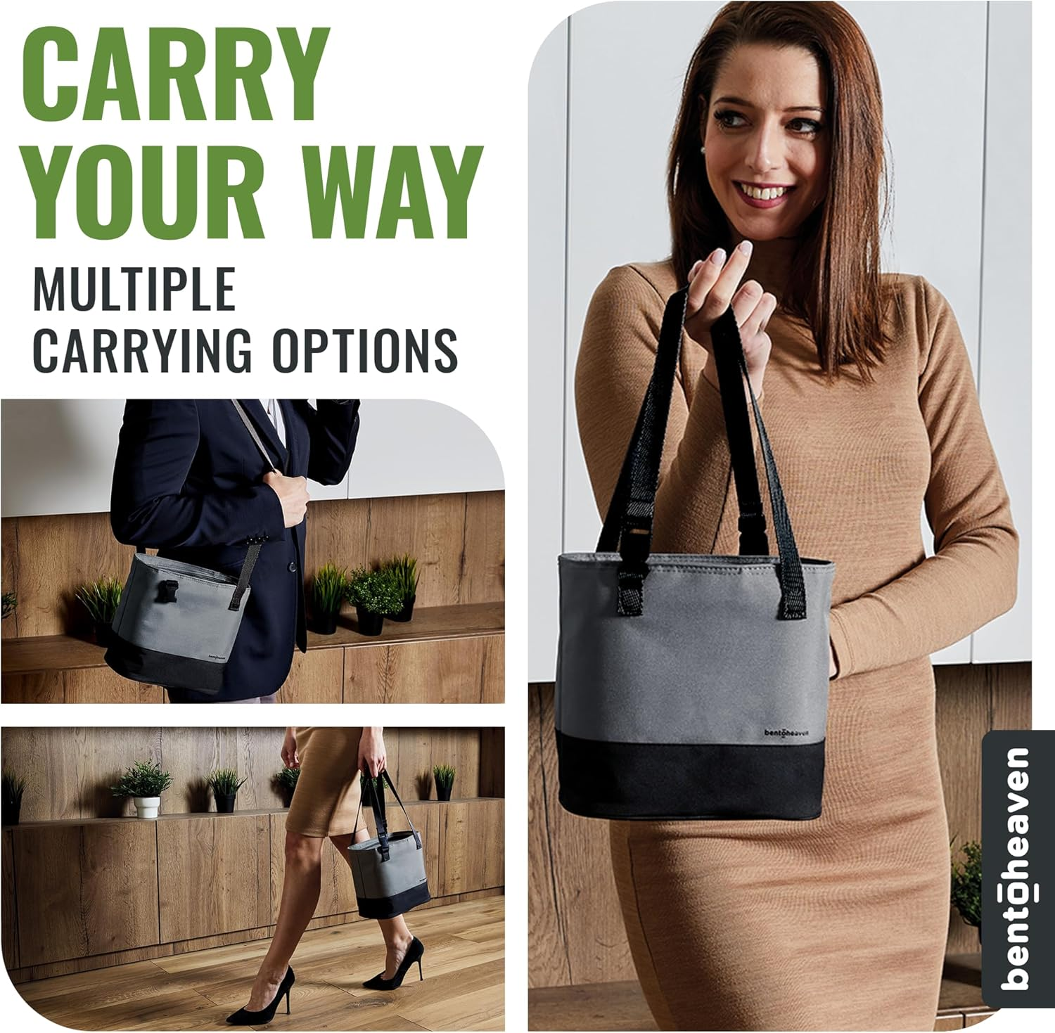 Bentoheaven Insulated Lunch Tote for Work - Durable Materials, Variable Strap/Handle, Wide Opening - Cooler Lunch Bag for Women & Men - Fits All Major Bento Lunch Boxes and Other Containers (Grey) - Midnight Blue image number 6