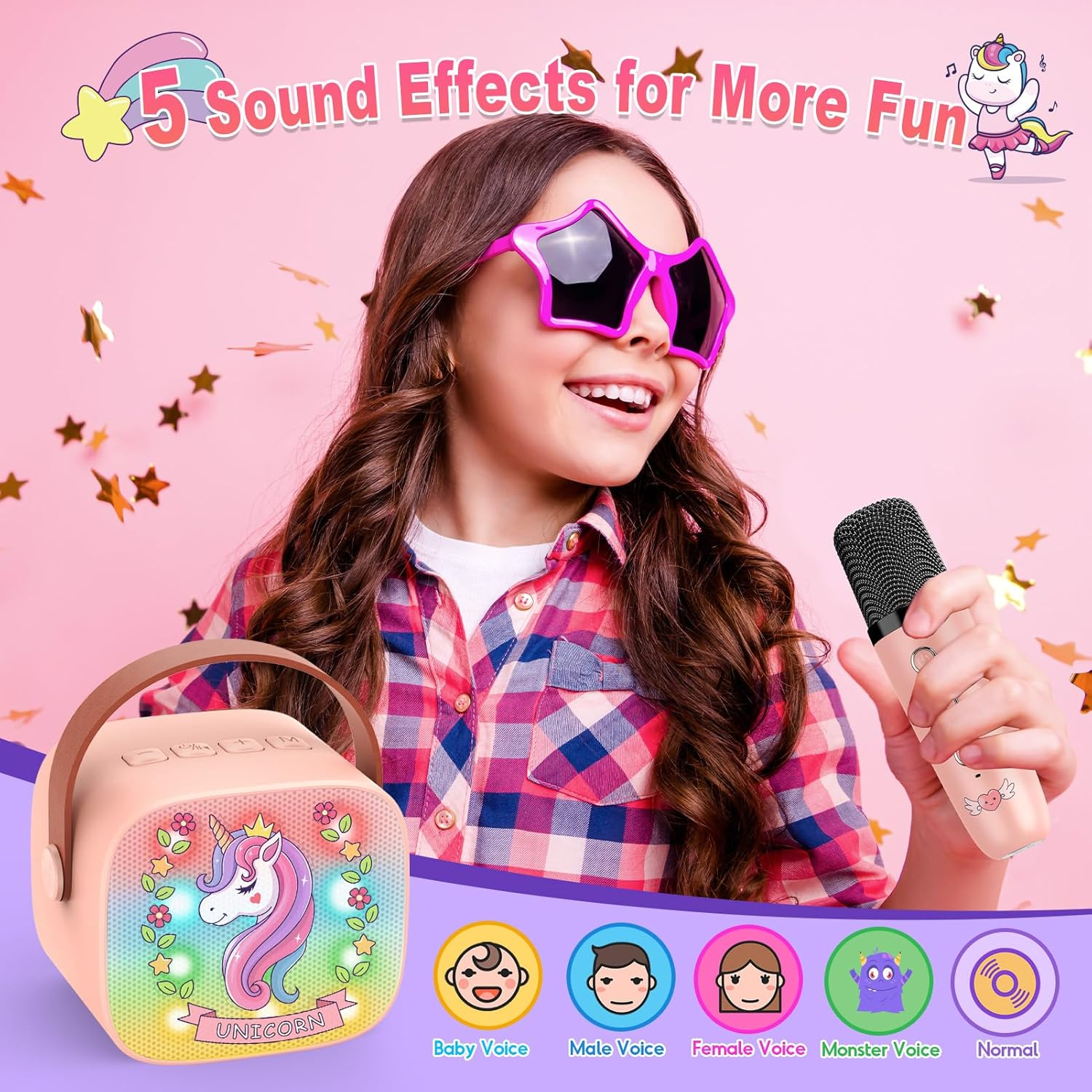Mini Karaoke Machine for Girls Gifts, Vingtank for 3 4 5 6 7 8 9 Year Old Girl Christmas Birthday Gifts Unicorn Toys Portable Bluetooth Speaker with 2 Wireless Microphone for 3+ Years Girls Teens image number 2