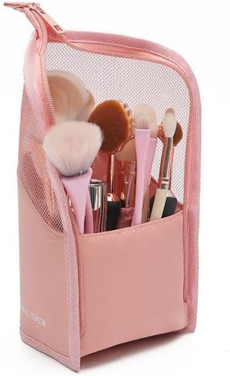 XUNQUCOM Stand-Up Makeup Brush Storage Organizer Bag, Waterproof Dust Free Travel Makeup Brush Holder (Pink)