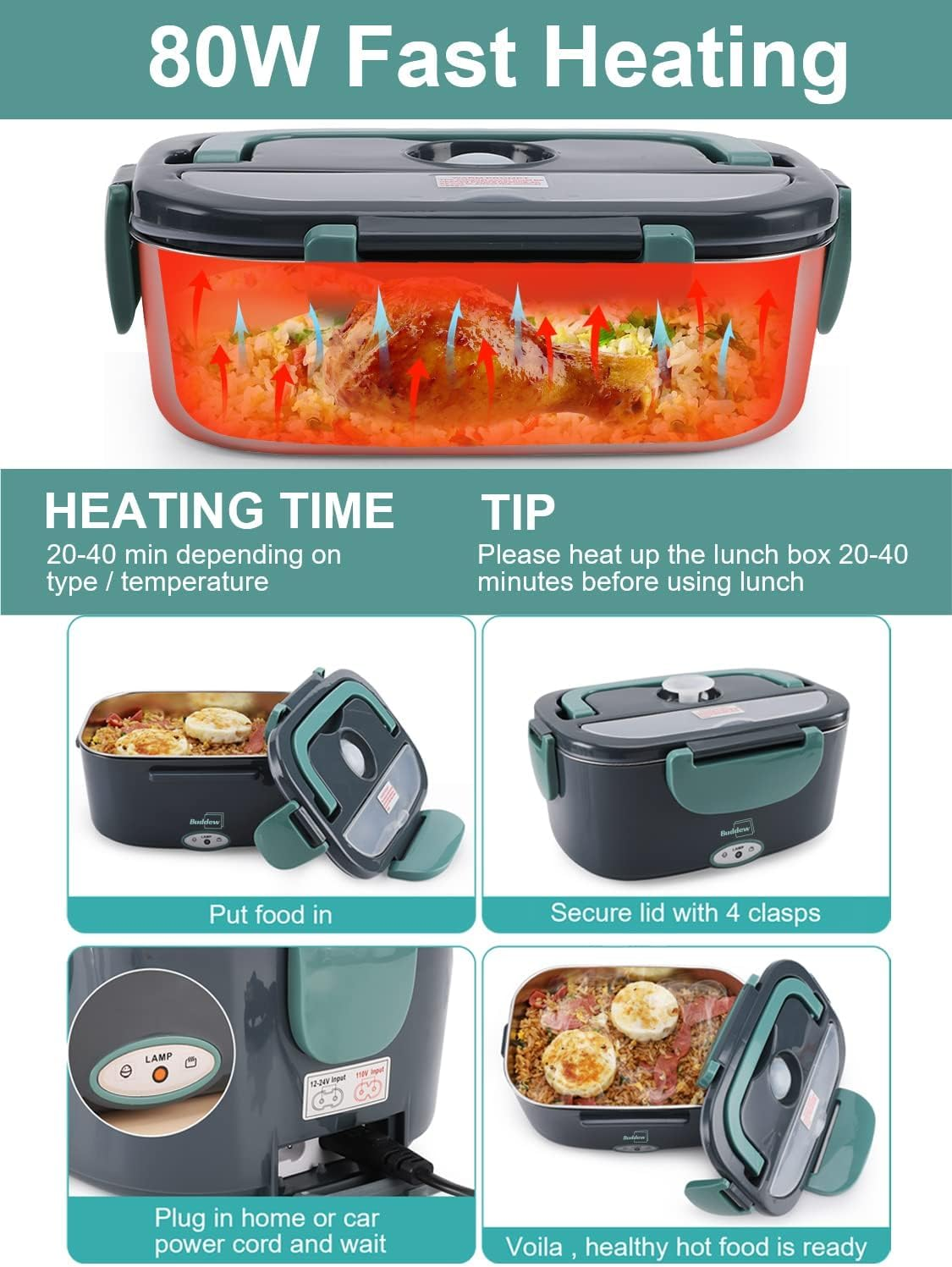 Electric Lunch Box 80W Food Heater for Adults, 240V Portable Lunch Warmer for Car/Truck/Office, Includes SS Fork & Spoon, Insulated Carry Bag (Green) image number 5