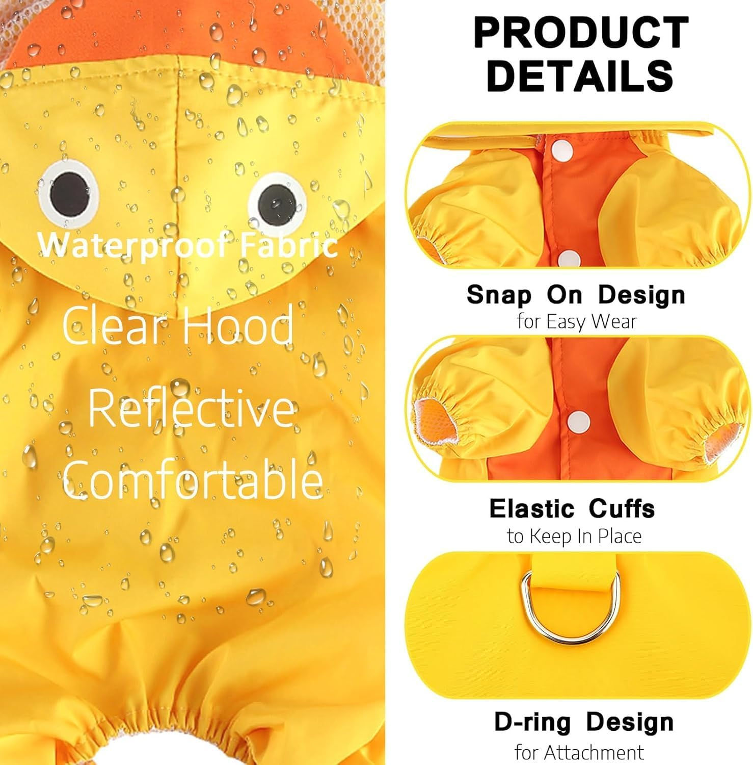 Cute Duck Raincoat for Small Dogs, Rain Jacket with Hooded D-Ring Puppy Bottom, 4 Leg Jumpsuit, Lightweight Waterproof Clothing (Yellow, XS) image number 1