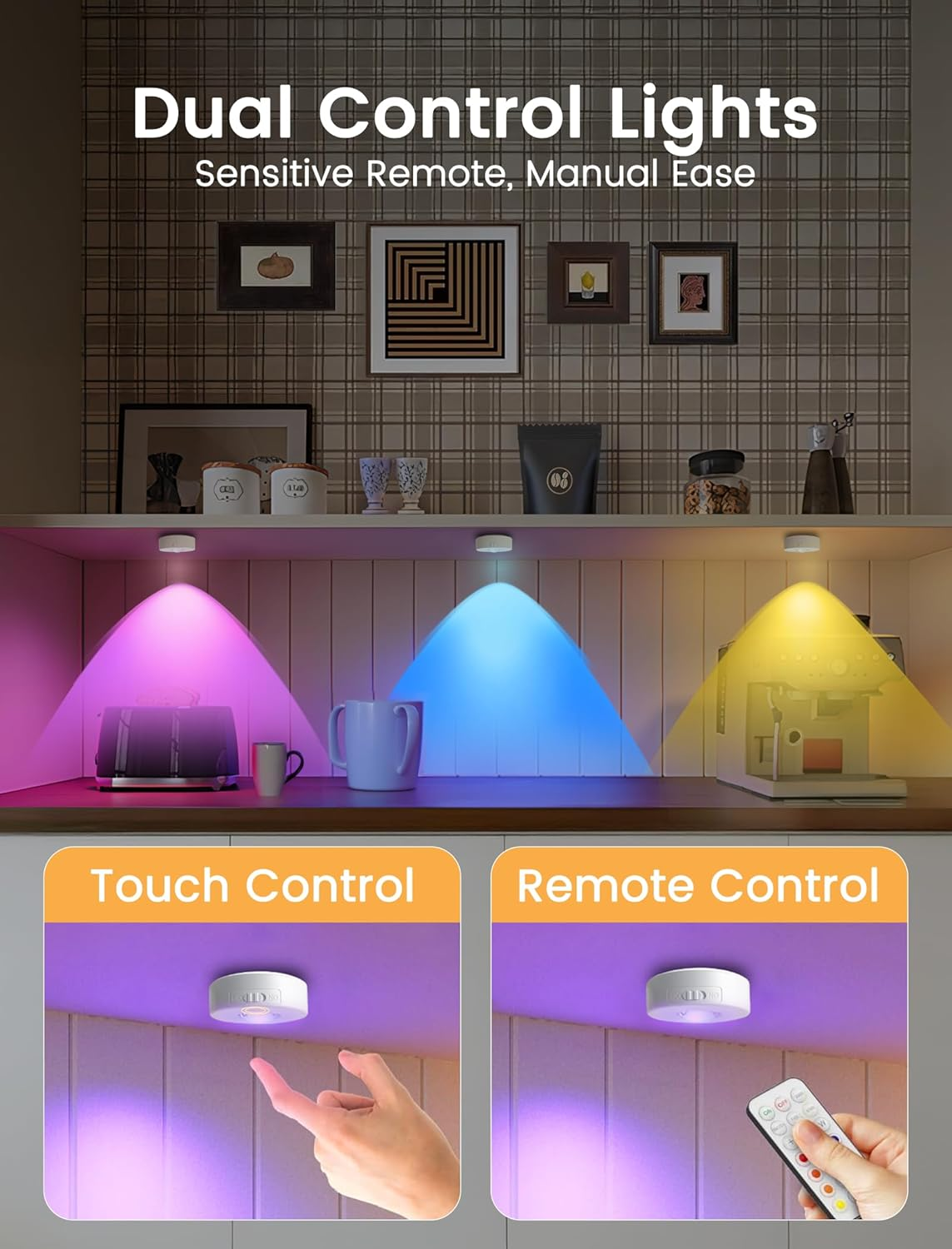 MERTTURM Rechargeable LED Cupboard Light, USB Wireless RGB Puck Light, Battery Operated Shelf Display Cabinet Light, Dimmable Stick on Wall Light with Remote Control/Timer for Wardrobe/Kitchen-3 Pack image number 1