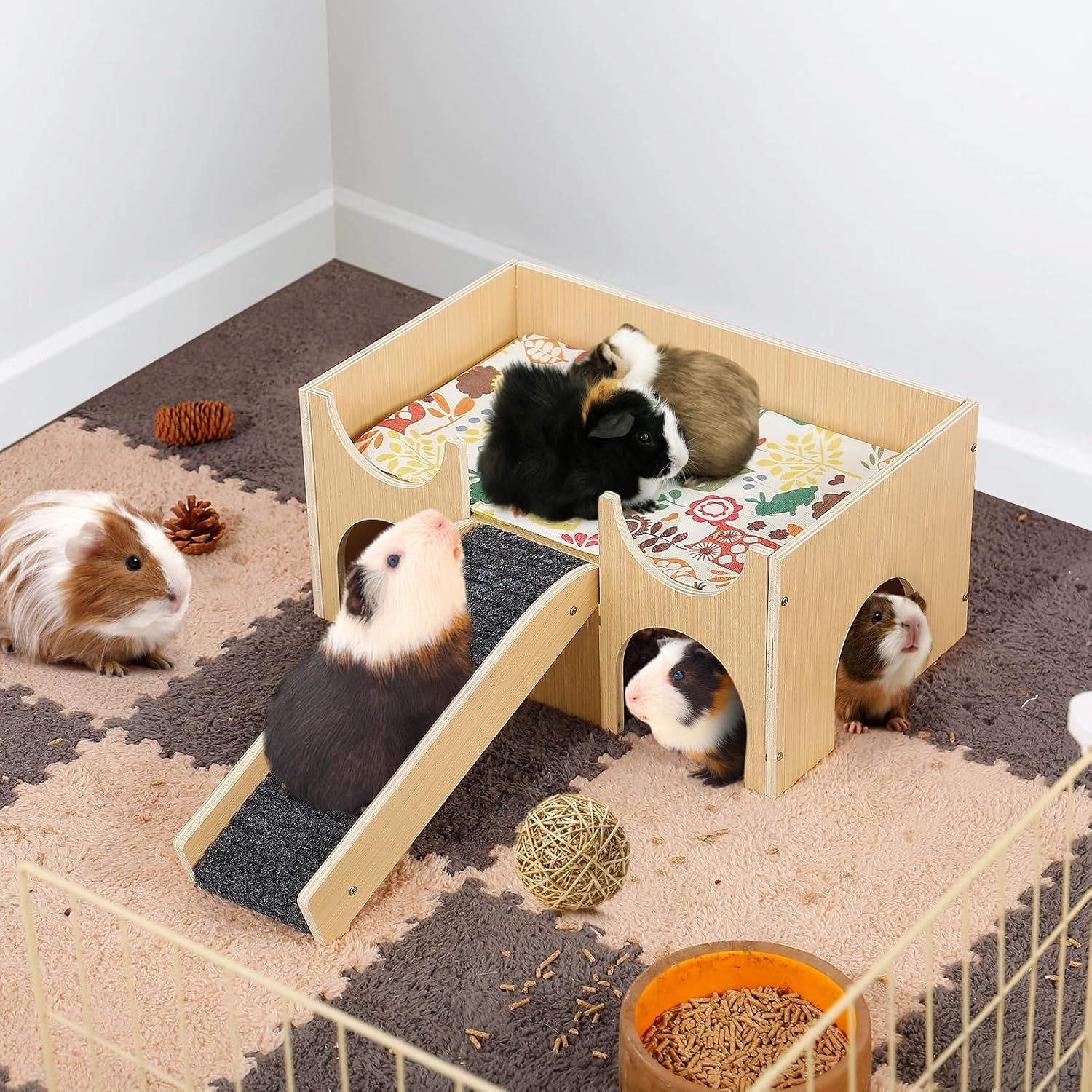 Upgraded Guinea Pig Castle, Sturdy Wooden Guinea Pig Hideout, Small Animal House Bed Hut Habitats with Stairs, Easy to Assemble for Hamsters Bunny Chinchillas Playing Hiding image number 3