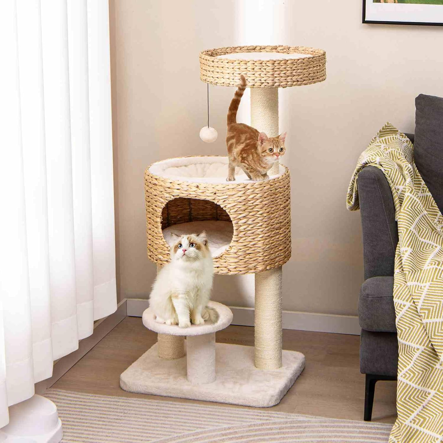 Costway Cat Tree for Indoor Cats, Modern Cat Tower W/Top Perch, Cattail Fluff Condo, Sisal Scratching Posts, Hanging Toy, Bed, Removable Cushion, Anti-Tipping Device, Kitty Activity Center, Natural image number 3