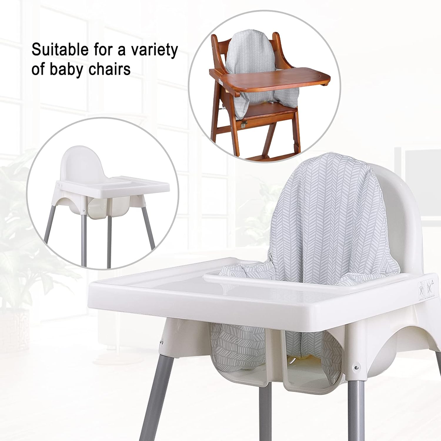 High Chair Cushion, Type High Chair Cover Pad, 2 Pieces Pad for High Chair,Highchair Cushion for IKEA Antilop Highchair, Built-In Inflatable Cushion (Gray Stripes and Stone Flowers)