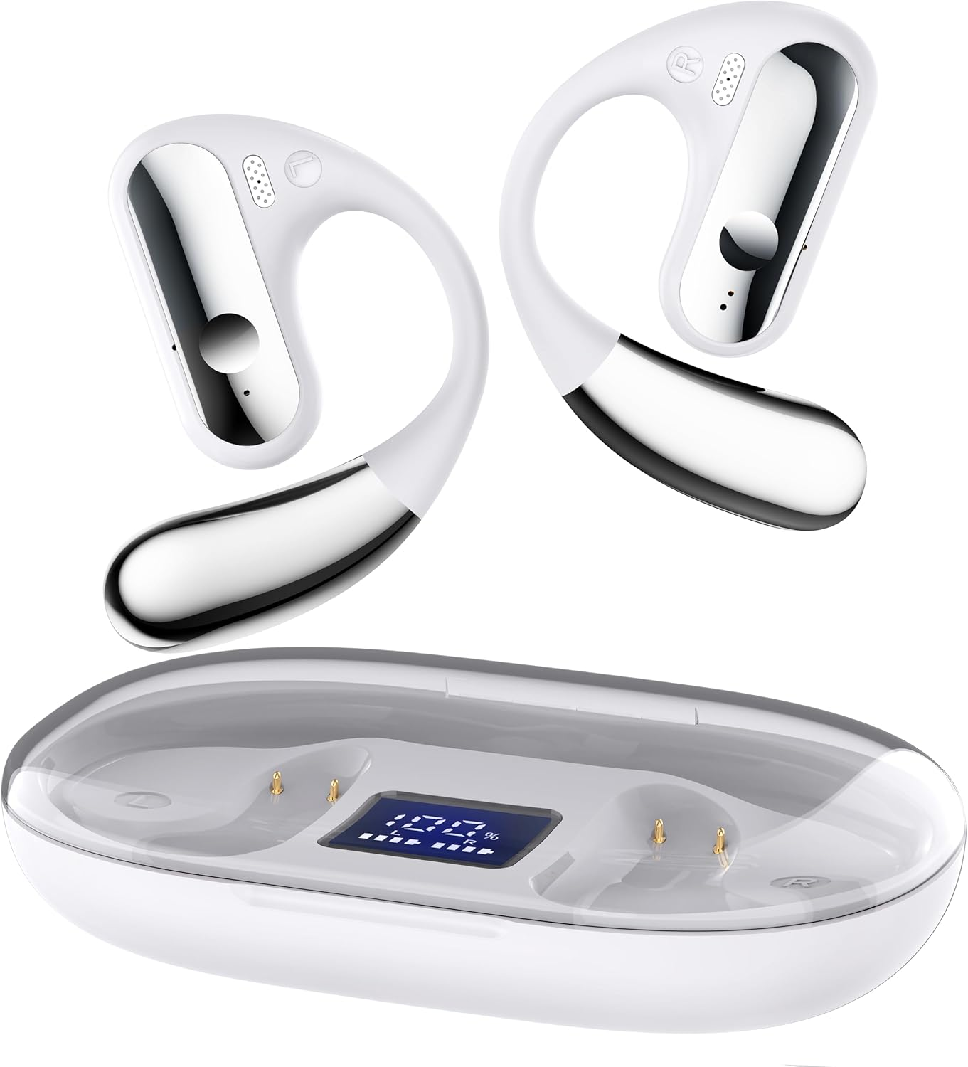 Open Ear Bluetooth Headphones, Bluetooth 5.3 Headphones Wireless with 4 Mics, 40 Hours Dual LED Display, Type-C Headphones, Wireless Bluetooth, IP7 Waterproof ENC Sports Headphones, White image number 3